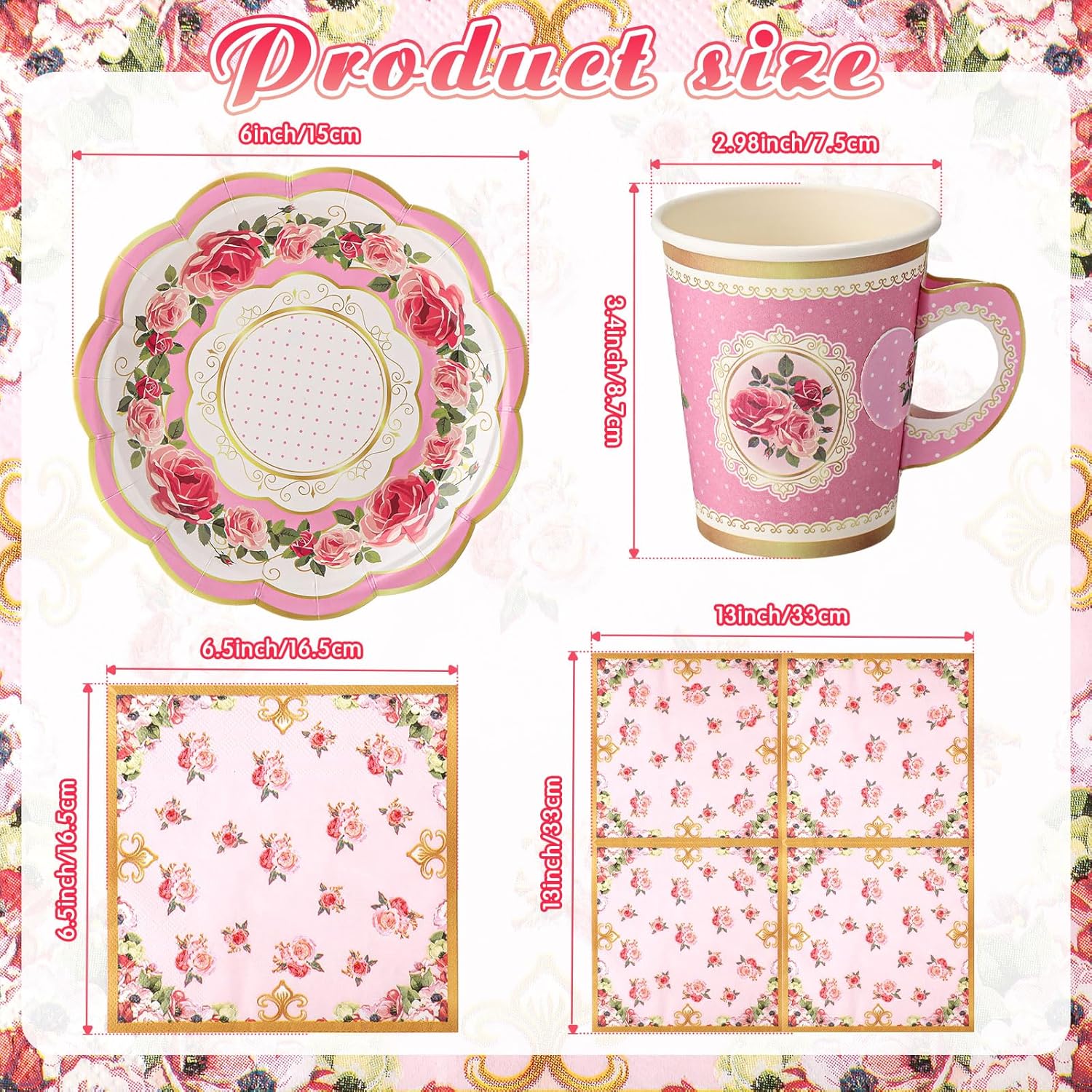 Vesici 150 Pcs Floral Tea Party Decorations for Table 9 oz Disposable Paper Tea Cups with Handles Plates, Saucers and Napkins Set for Spring Party Girl Birthday Wedding Mothers Day(Vivid Style)