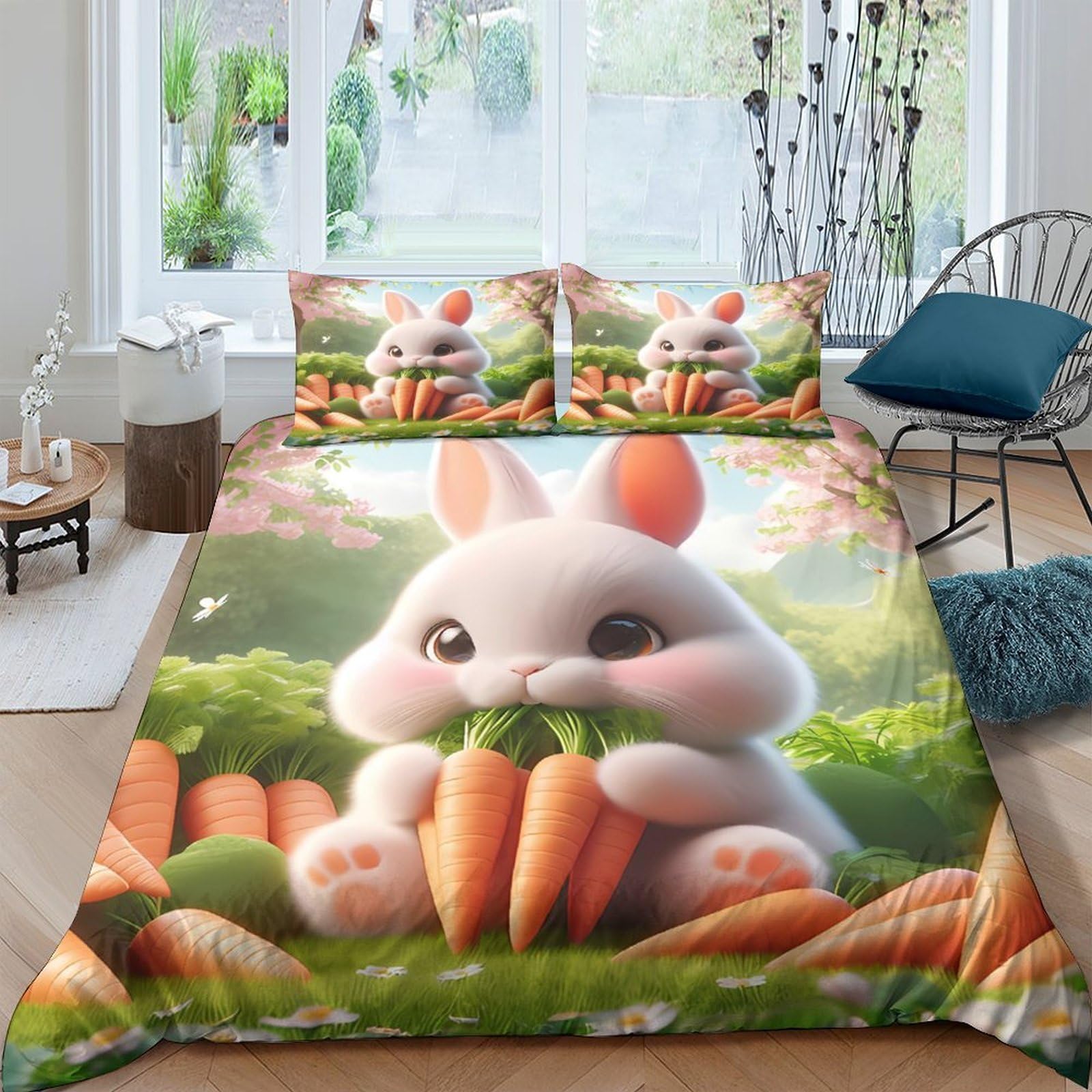 Ctjqhvkz Style-7 3D Printed Cute Bunny Fitted Sheet Microfiber Soft Bedroom Decor Carrot Pattern Mattress Cover For Home Guest Room Single（135X200cm）