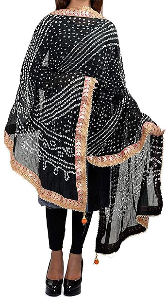 Women Jaipuri Bandhani Dupatta with Gota Work and latkan Rajasthani Silk Bandhej Multicolor Scarf