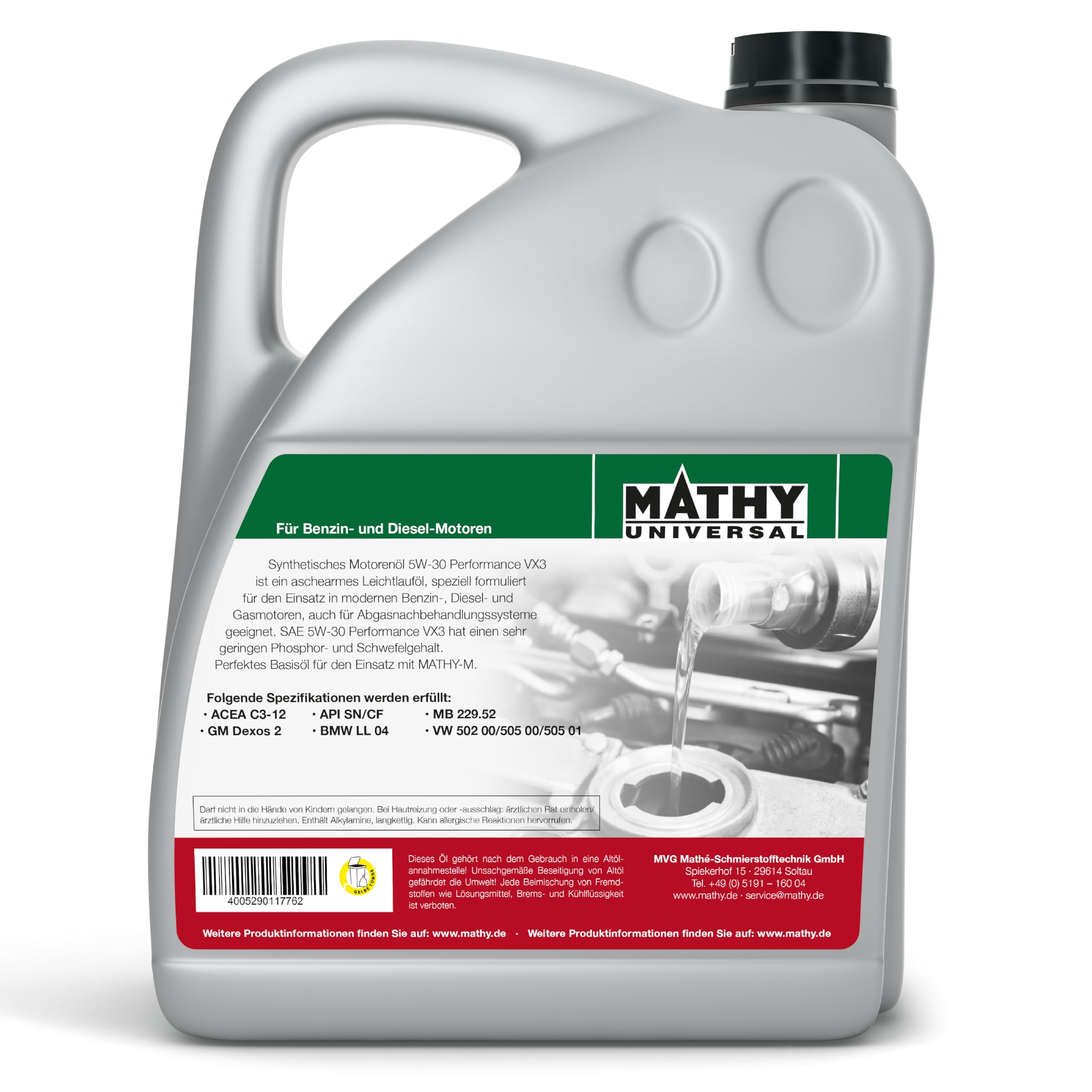 MATHY Motoröl SAE 5W-30 Performance VX3, 5 Liter, Synthetisches HC-Motor-Öl | Speziell für moderne Diesel-, Benzin- und Gasmotoren, aschearmes Leichtlauföl, Sehr geringer Phosphor- & Schwefelgehalt