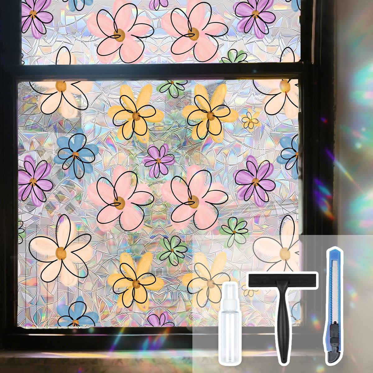 Daisy Flower Rainbow Window Clings Decals - 35.4"*157.4" Large Summer Window Privacy Film Decor - Removable Static Cling for Glass Windows