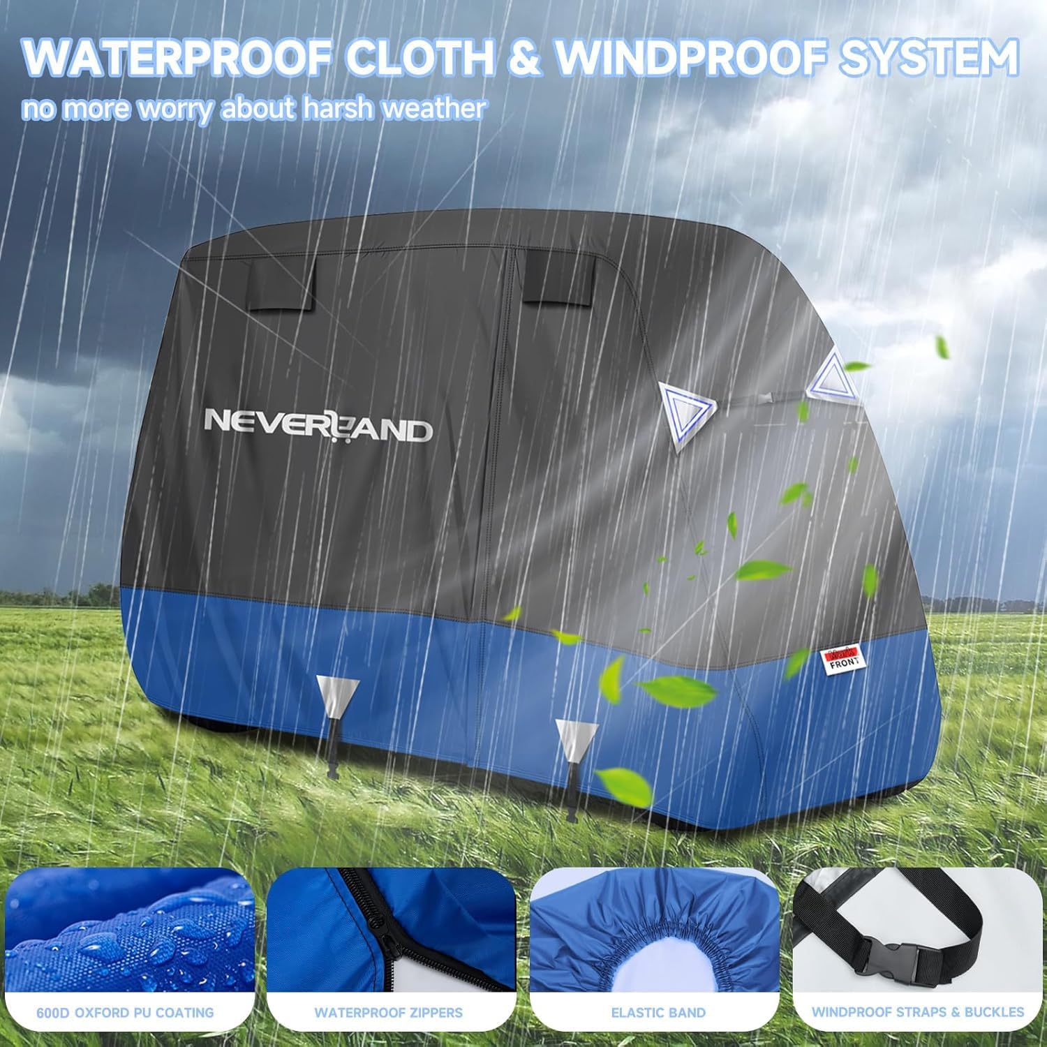 NEVERLAND Golf Cart Cover 4 Passenger - Heavy Duty 600D Golf Cart Covers, Waterproof Club Car Golf Cart Cover with Side Zipper Doors Compatible with EZGO Yamaha Club Car 4 Seat (Up to 115 Inch)