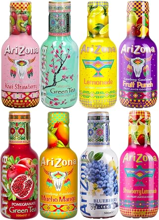 Arizona Tea Mix Bundle - 8 Flavours | Blueberry White Tea, Fruit Punch, Kiwi Strawberry, Watermelon + More | PACK OF 6x500ml MIX 1pc Each - 6 Flavours Boxed Treatz