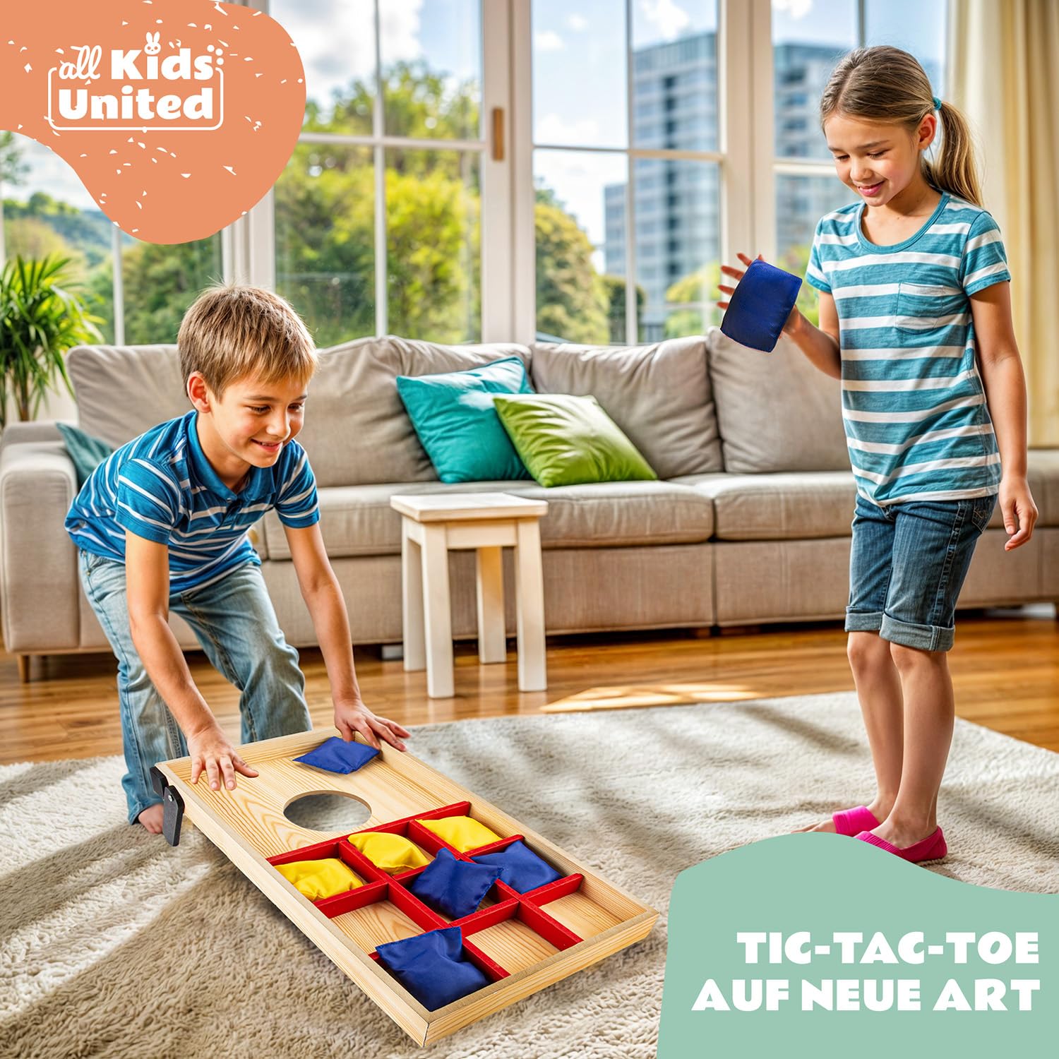 all Kids United® Mini Cornhole-Spiel für Kinder; Indoor & Outdoor Geschicklichkeitsspiel mit Sandsäckchen; Perfekt für Kinderzimmer, Garten und Partys – Fördert Zielgenauigkeit & Spielspaß
