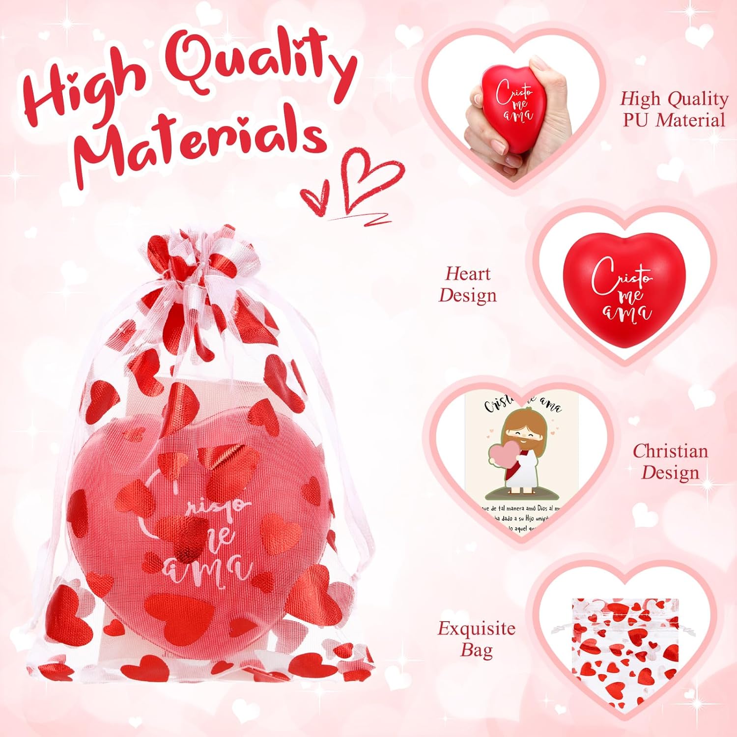Meooeck 20 Sets Jesus Easter for Kids Christian Easter Gifts Bulk 2.7'' Spanish Heart Jesus Love You Stress Balls Red Cristo Me AMA Stress Ball Religious Card for Sunday School Church Prayer