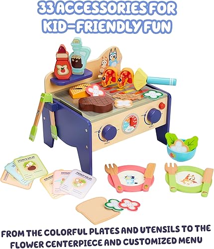 Miniatura 3 de Bluey 8th Wonder - Juego de juguetes de madera para ensalada y barbacoa, 33 piezas con pinzas, comida y 6 tarjetas de recetas, juguetes de cocina