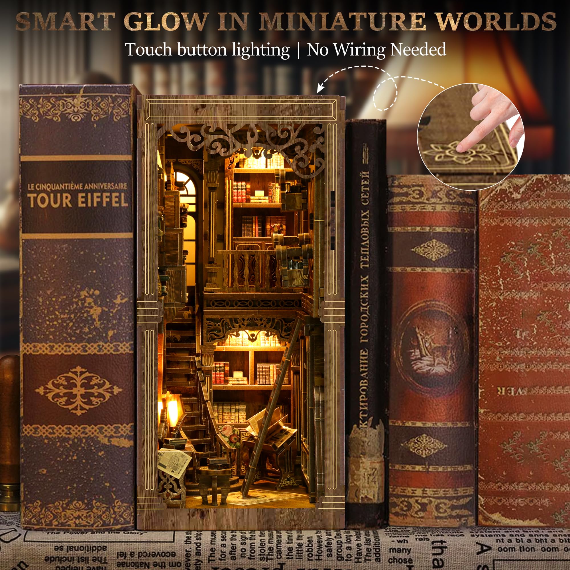 CRIOLPO Kit Book Nook DIY per Adulti - Casa in Miniatura con Luci LED da Montare, Modellismo 3D Creativo per Decorare Librerie - Regalo Originale per Appassionati di Fai da Te