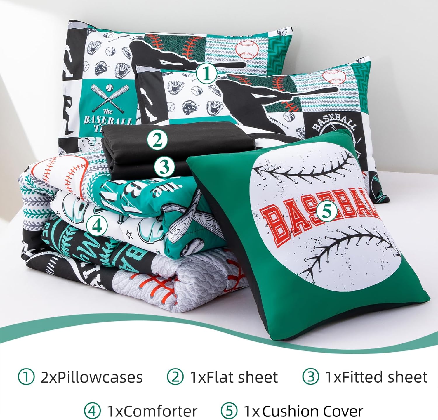 A Nice Night Sports Geometric Grid Black Patchwork Baseball Printed for Boys Full 6Pcs Bed in A Bag Comforter Bedding Set,Green