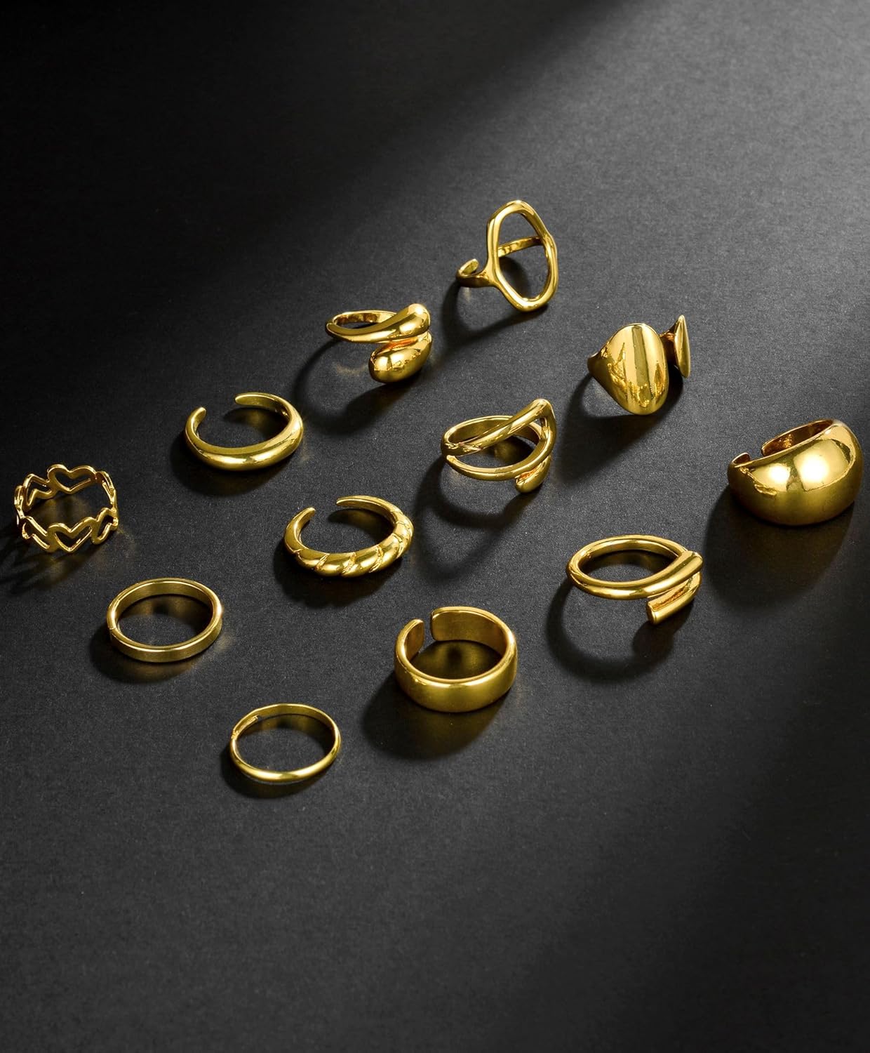 12Pcs Gold Chunky Rings 18K Gold Plated Stackable Open Knuckle Ring Set Hollow Heart Twist Croissant Dome Band Statement Finger Rings for Women Gold Silver Tone Adjustable - Image 7