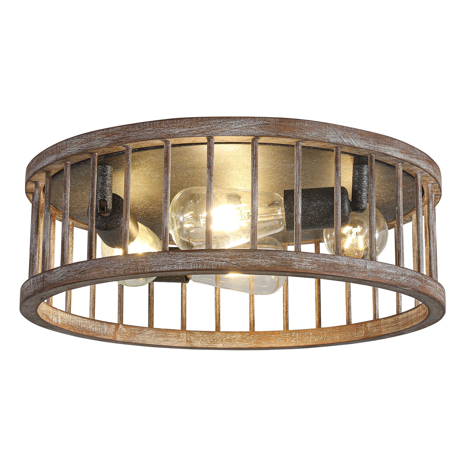wochos Farmhouse Flush Mount Ceiling Light, 17 Inch 4-Light Metal and Wood Close to Ceiling Light Fixture, Rustic Drum Ceiling Lighting for Kitchen Bedroom Living Room