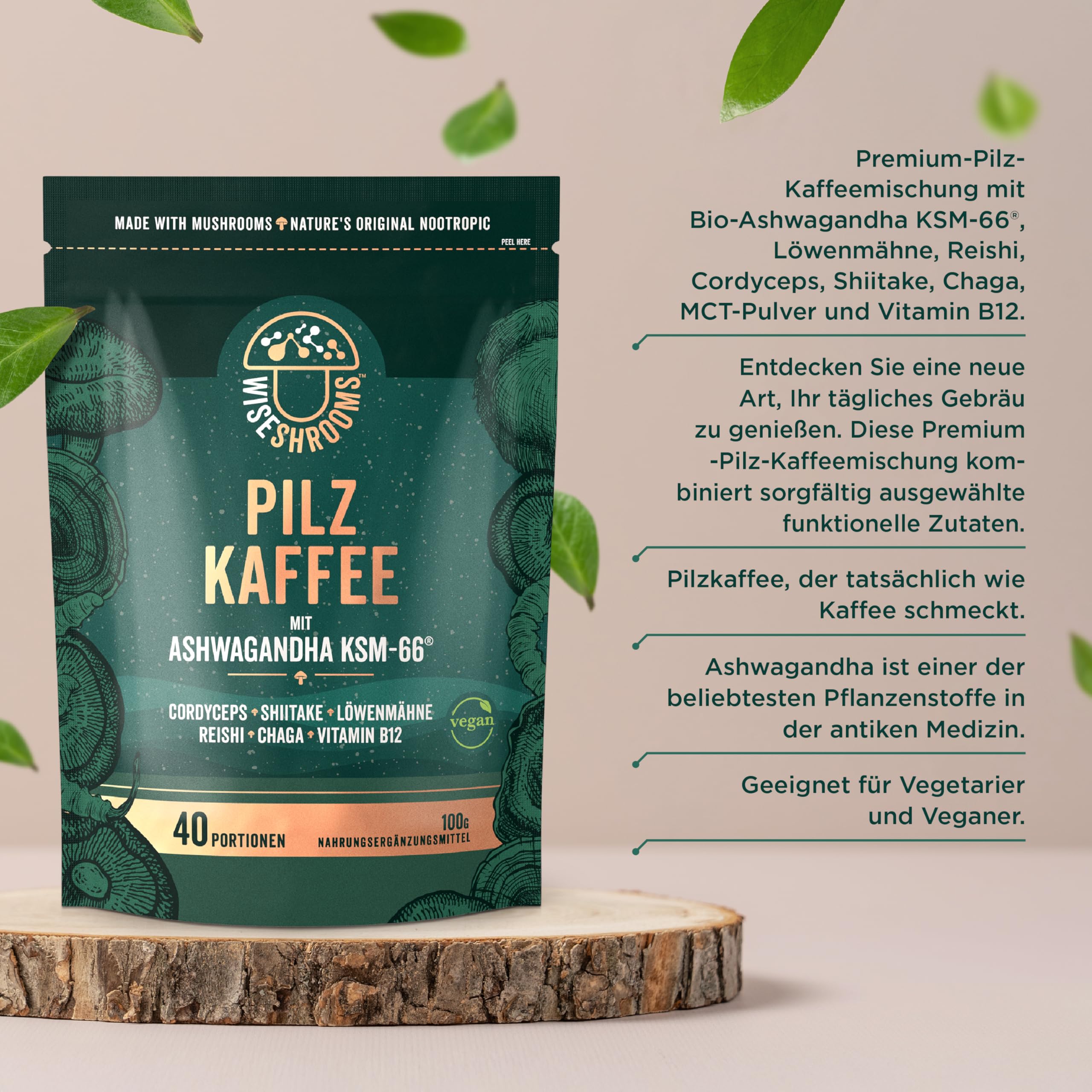 Pilz Kaffee mit Ashwagandha KSM-66 | 40 Portionen | 5 Pilz Komplex mit Löwenmähne, Cordyceps, Shiitake, Reishi, Chaga & Zugesetzt Vitamin B12 | von Wiseshrooms
