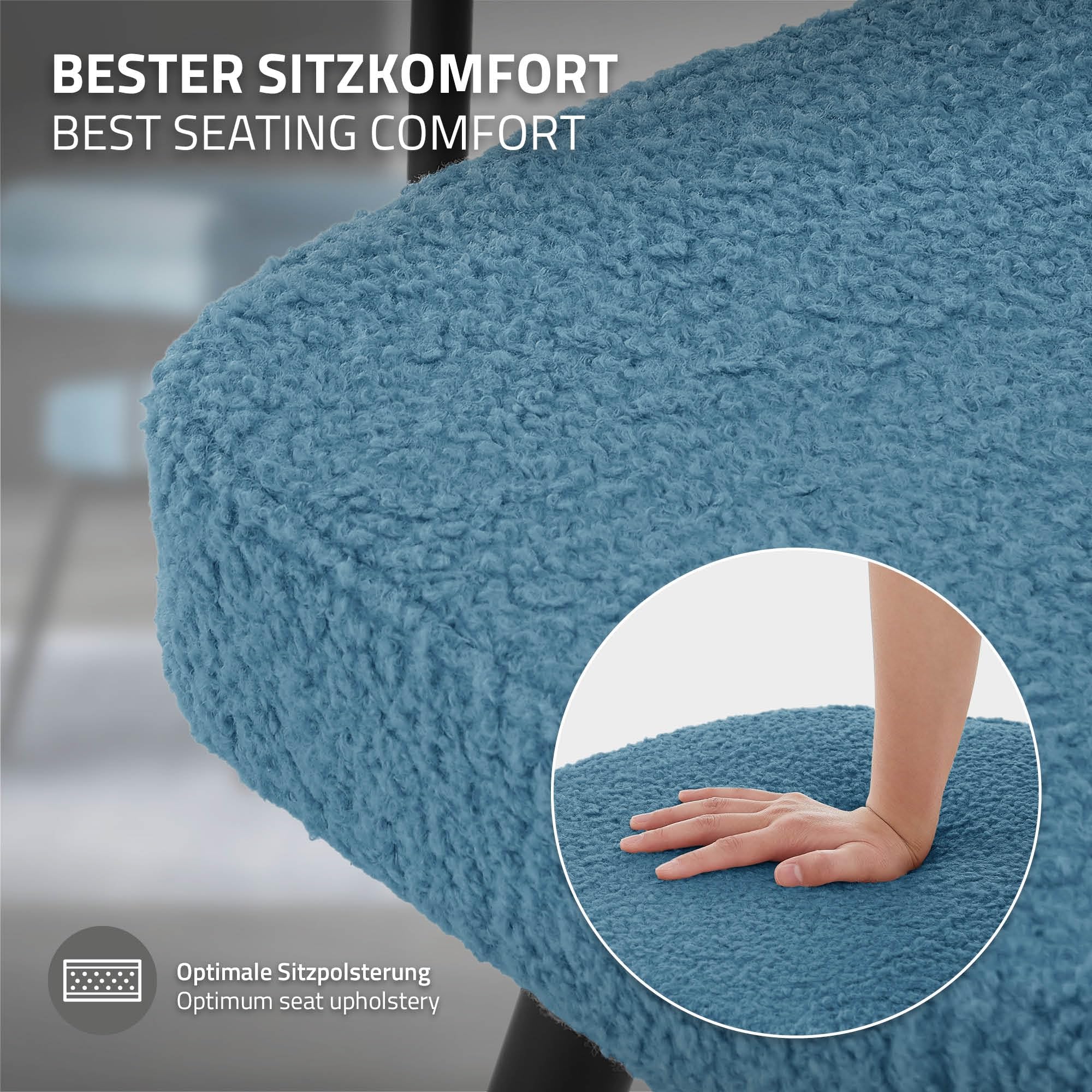 ML-Design Set di 4 Sedie da Sala da Pranzo Girevoli a 360° in Tessuto Teddy Blu, Poltrone da Soggiorno con Braccioli e Schienale Imbottito, Sedili Moderni Ergonomici con Gambe in Metallo per Ufficio
