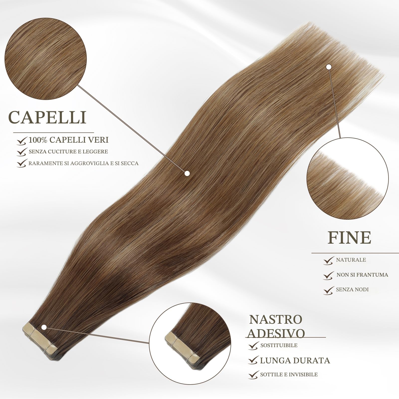 ShowJarlly Extension Capelli Veri Biadesivo 20pcs Extension Capelli Veri 50cm Castano Cioccolato con Biondo Caramello Estensione Biadesive Capelli Veri Remy Estensione Biadesive 50g(20inch,4/4/27#)