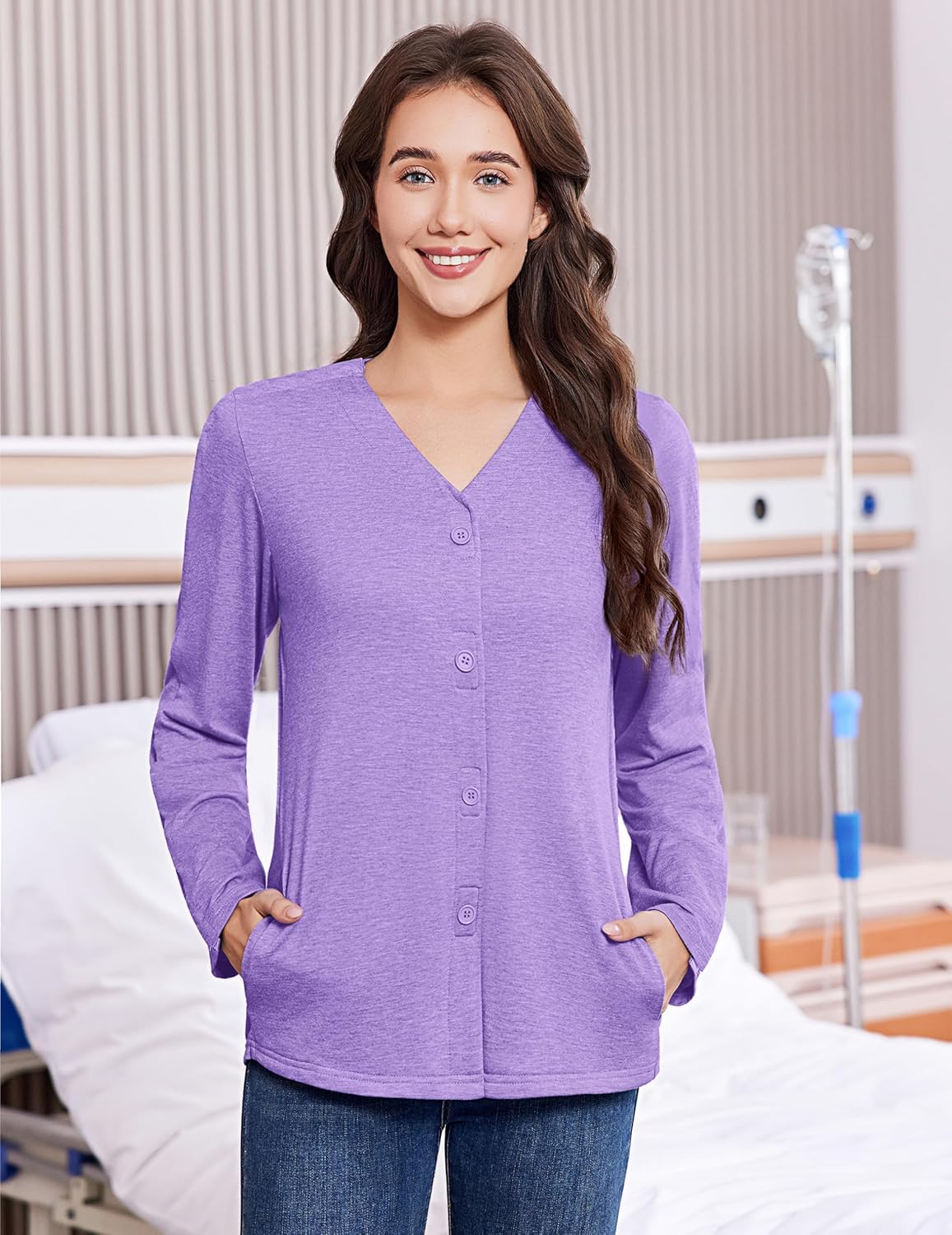 Deyeek Mastectomy Shirts with Drain Pockets Tear Away Side Snap Post Shoulder Surgery Shirts Women Chemo Port Dialysis Shirt - Image 6