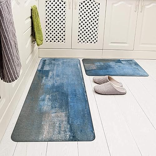 Miniatura 3 de Juego de 2 tapetes de cocina color verde azulado degradado, abstracto, azul y gris, antideslizantes, estilo grunge, rústico, juego de tapetes de