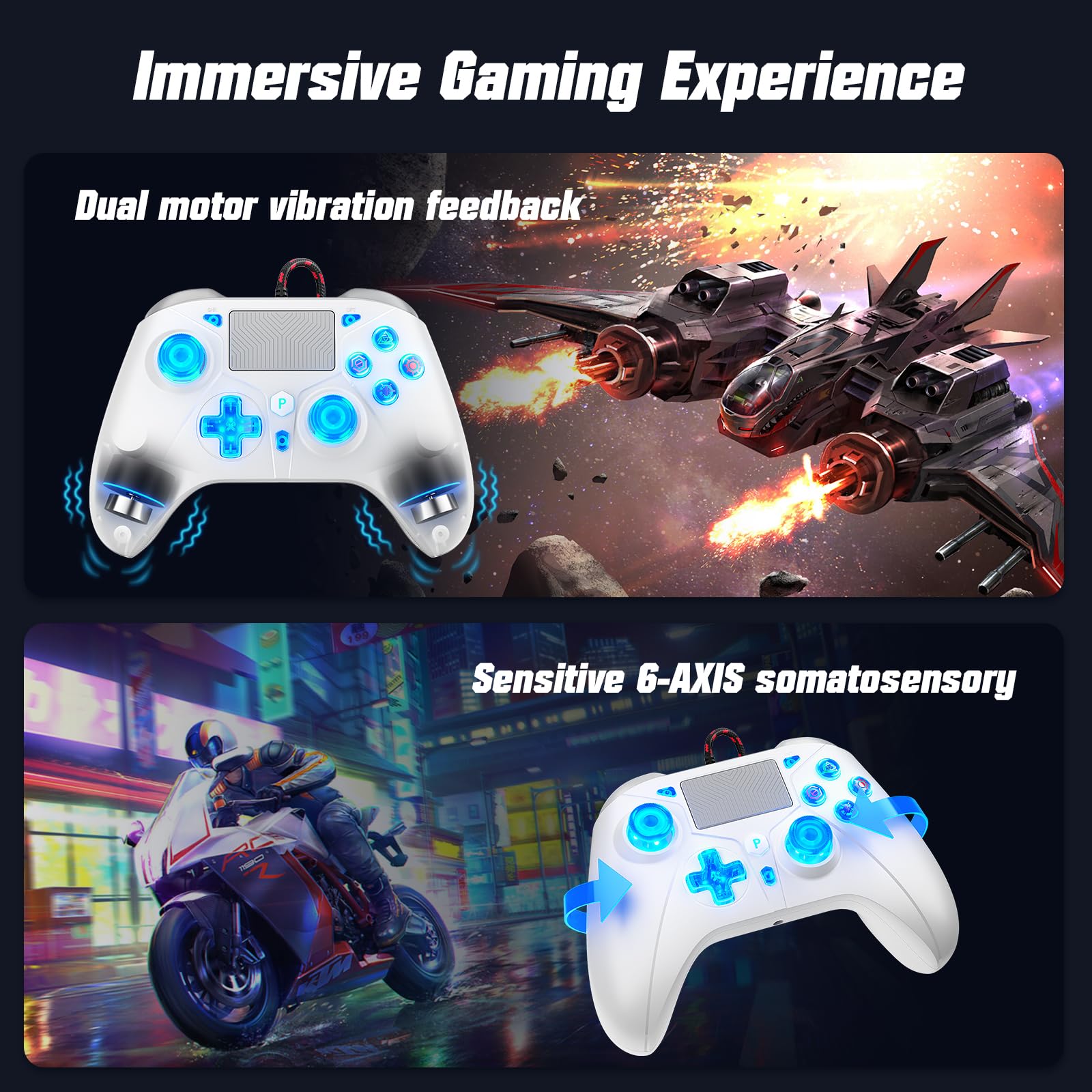 Gamrombo Controller LED cablato per PS5/PS5 Pro/PS5 Slim, compatibile con PS4/PC con jack per cuffie da 3,5 mm, doppia vibrazione, funzione macro, funzione Trubo, cavo da 3 m