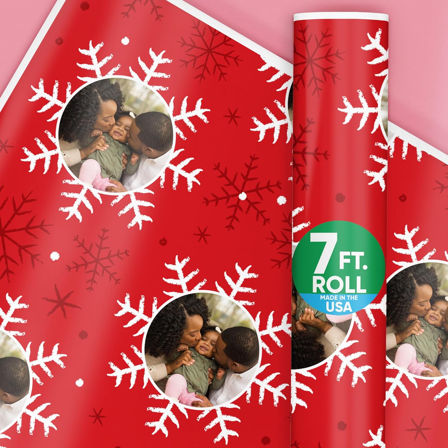 Big Dot of Happiness Red and White Snowflakes Personalized Photo Christmas Wrapping Paper, Custom Photo Holiday Gift Wrapping Paper Roll, Winter Wrapping Paper, 24 in x 7 feet (1 Photo, 1 Roll)