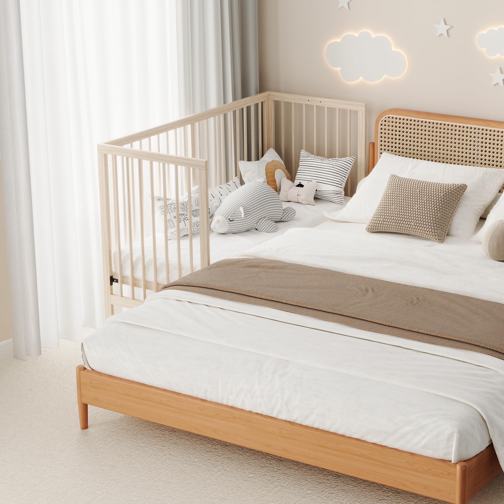 Holz Babybett Höhenverstellbar,Multifunktionales Gitterbett,Baby Cot Babybett Mitwachsend Beistellbett Staffelei Schreibtisch,ohne Matratze,140x60x90cm