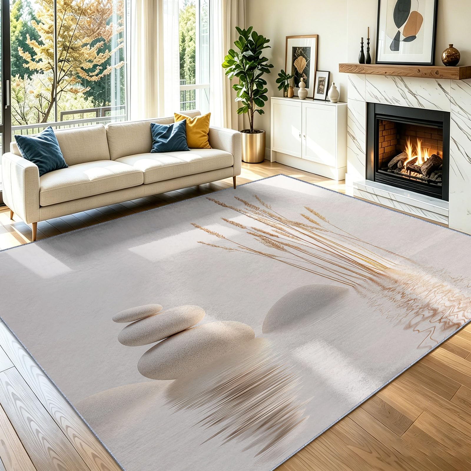 Tapis Chambre Salon Pierres Empilées Foin Surface Eau Reflet Doux Antidérapant Lavable en Machine Tapis Décoratif de Style Oriental Naturel pour Entree Interieur, 180 x 240 cm Clair