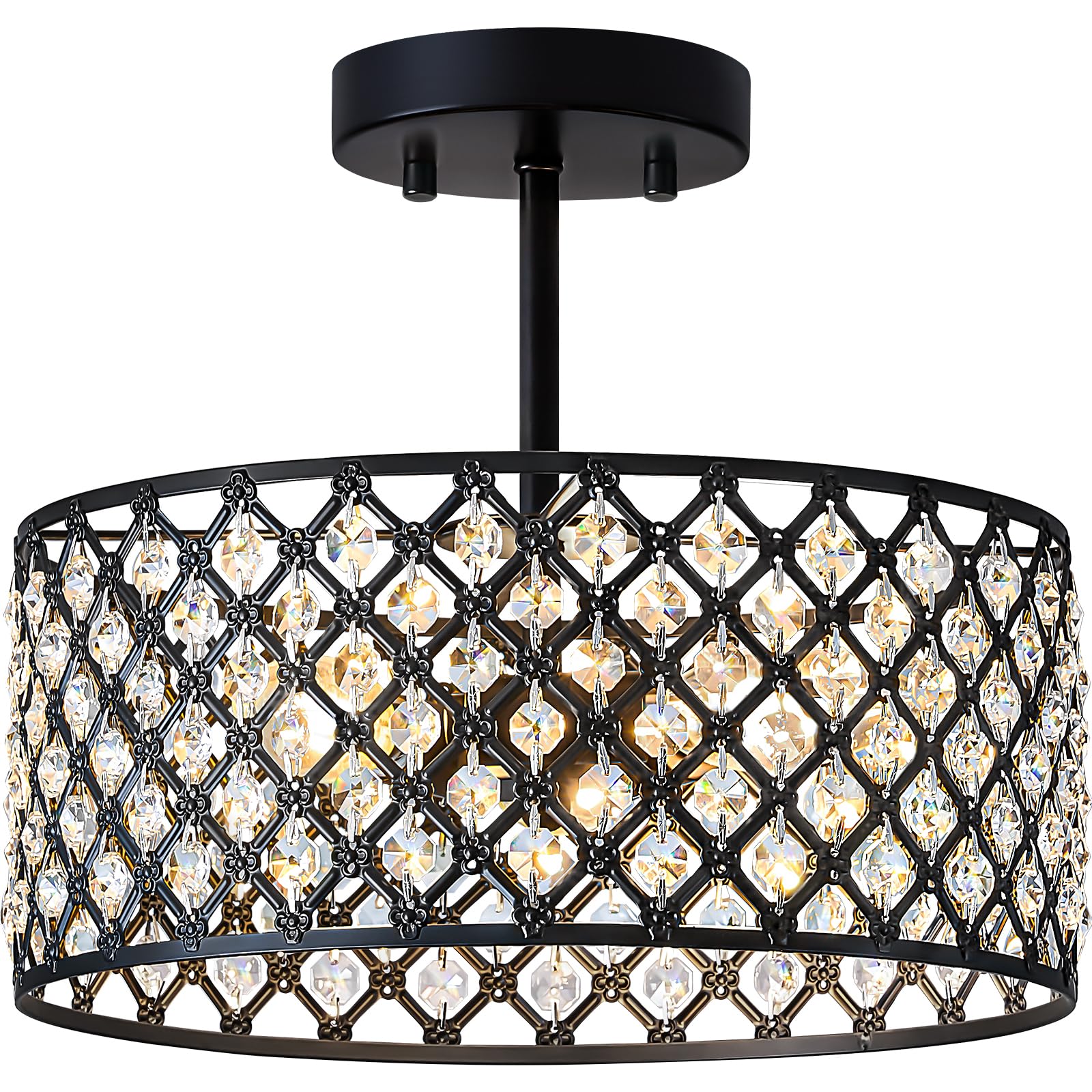 Black Crystal Ceiling Light Fixture Modern Semi Flush Mount Ceiling Lighting Fixture Round Small Chandelier for Dining Room