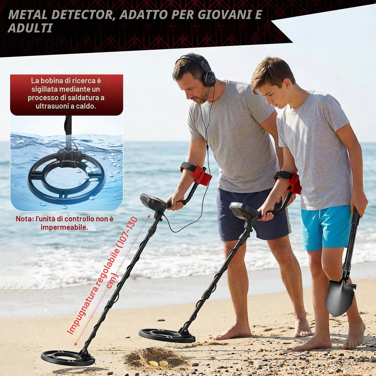 Metal Detector per Adulti Professionali, 5 Modalità ad Alta Precisione, Bobina Impermeabile 10in IP68 Lunghezza Regolabile 107-130 cm con Schermo LCD Ideale per Principianti e Esperti-rosso