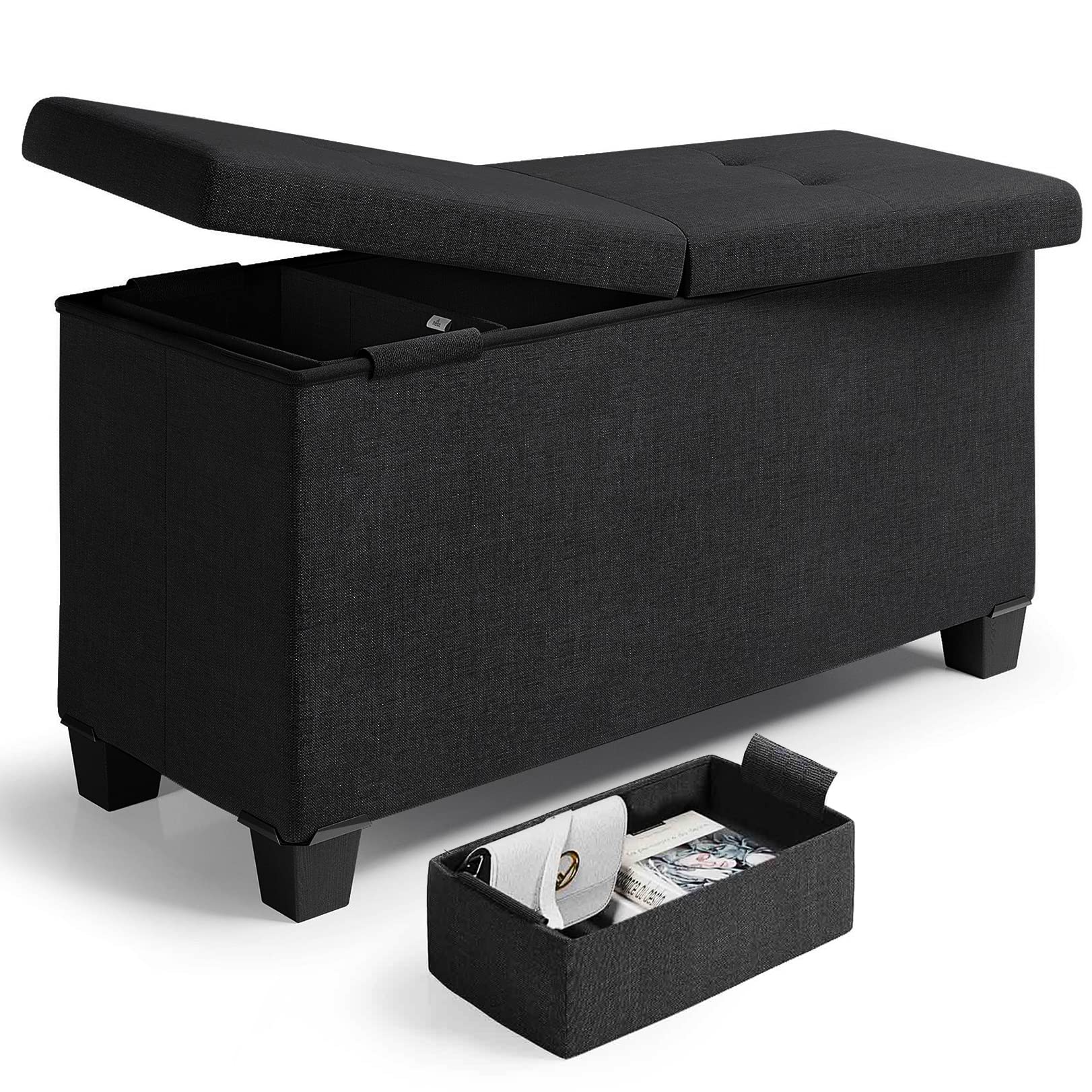 Storage Ottoman Bench with Removable Legs, 30-in Black Linen Fabric, Tufted Design, Folds Flat for Storage, Supports 660 lbs