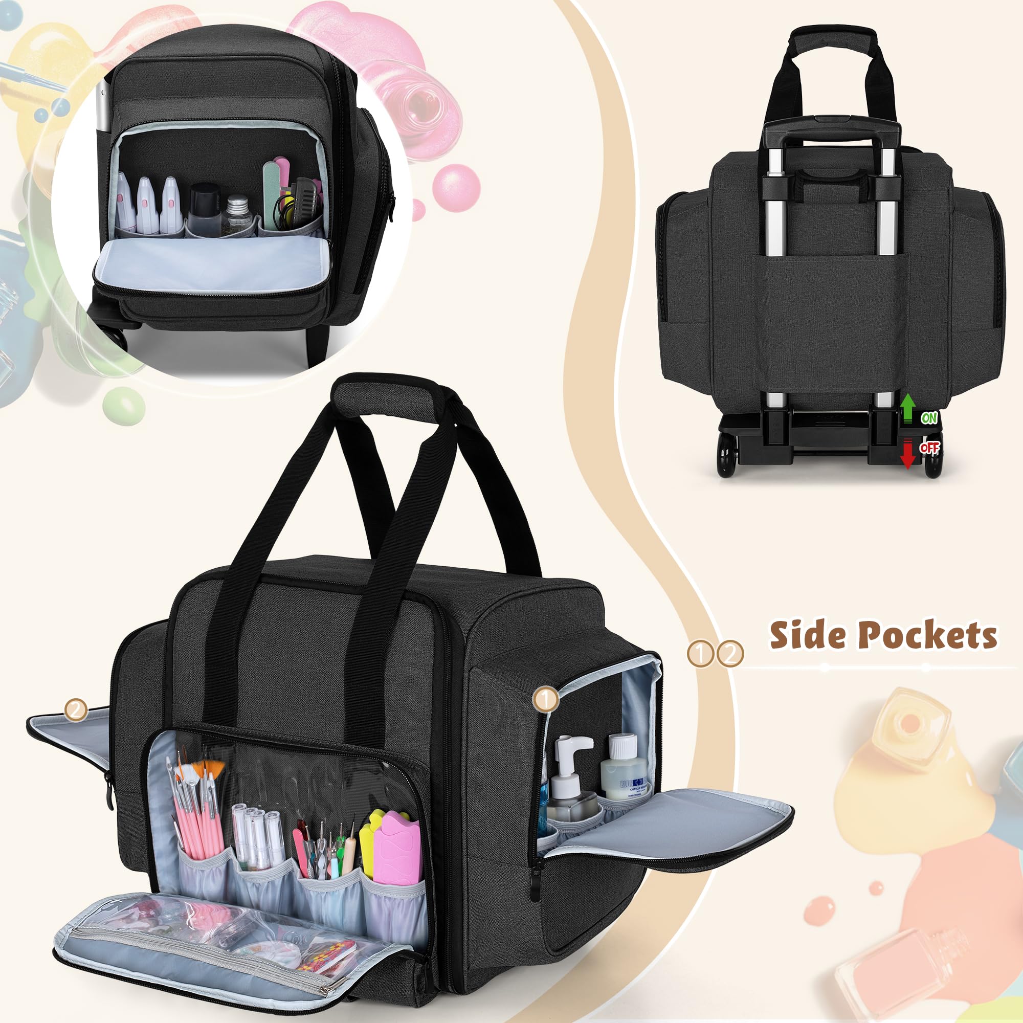 BAFASO Organizer Smalti per Unghie con Rotelle Adatto per 144 Flaconi, Nero | Borsa Organizer per Smalti con Carrello Staccabile e 3 Tasche Rimovibili, Solo Borsa, (In Attesa Di Brevetto)