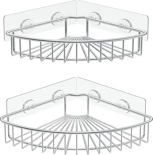 Miniatura 8 de SMARTAKE Paquete de 2 cestas de ducha esquineras, acero inoxidable SUS304, estante de baño montado en la pared con adhesivo, organizador de