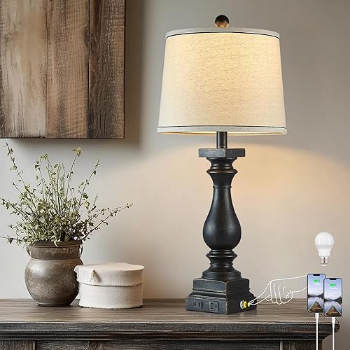 28" Tall Farmhouse Table Lamps with USB C+A Ports and AC Outlet, 3 Way Touch Control Rustic Bedside Lamps for Bedroom, Black Vintage Nightstand