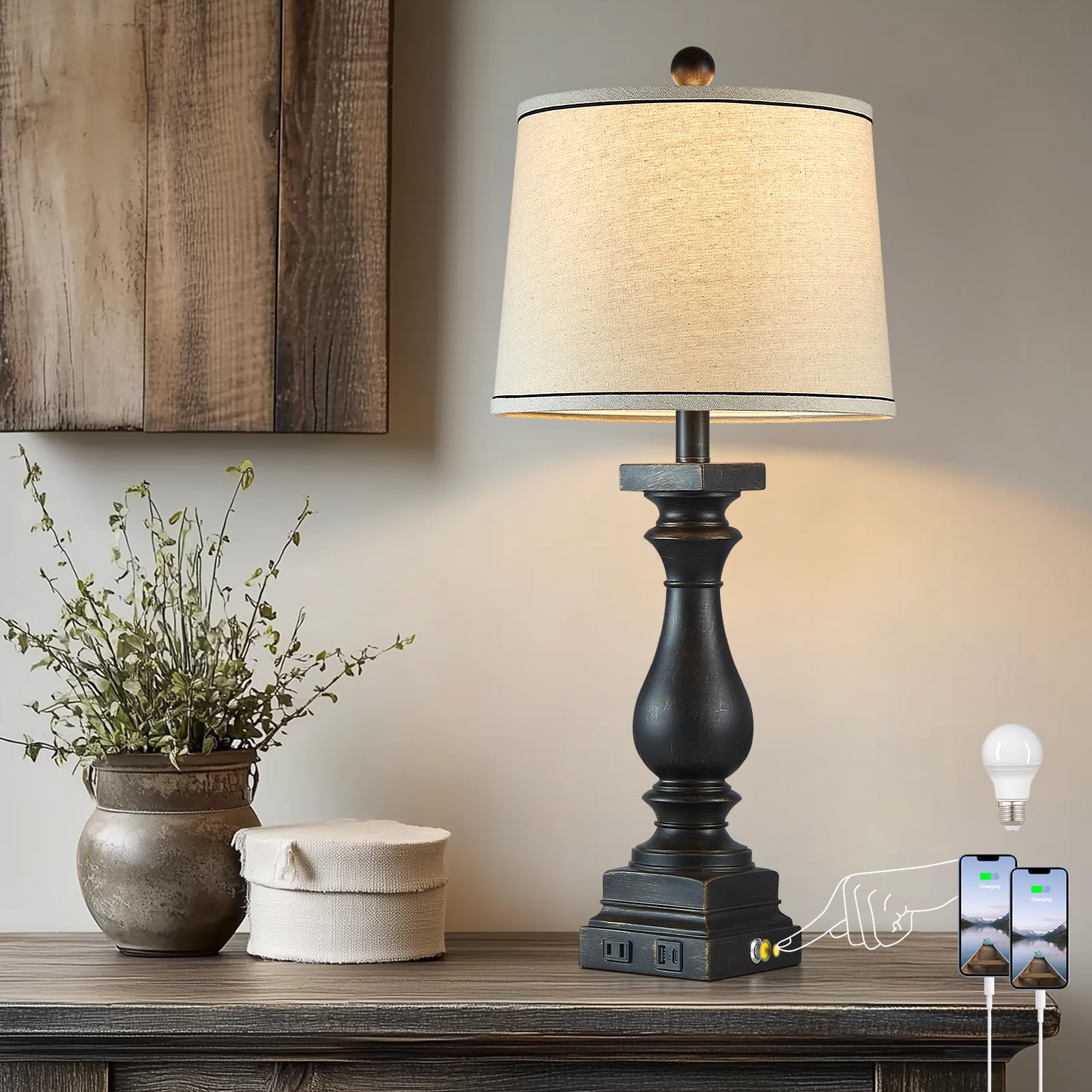 Lampy biurkowe w stylu farmy, 71 cm, z portami USB C+A i gniazdem AC, rustykalne 3-drożne sterowanie dotykowe, zagłówek do sypialni, vintage, czarny, salon, biuro