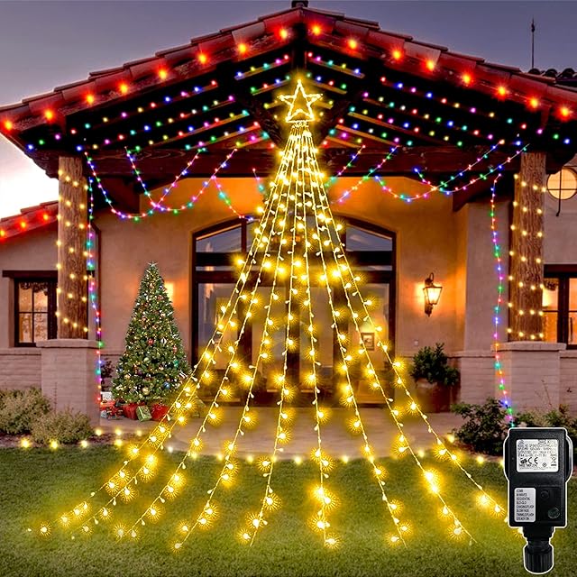 Hezbjiti Christmas Lights Outdoor, 344 LED Christmas Tree Lights with Topper Star - 8 Lighting Modes Fairy Lights Mains Powered for Christmas Decorations (Warm White)