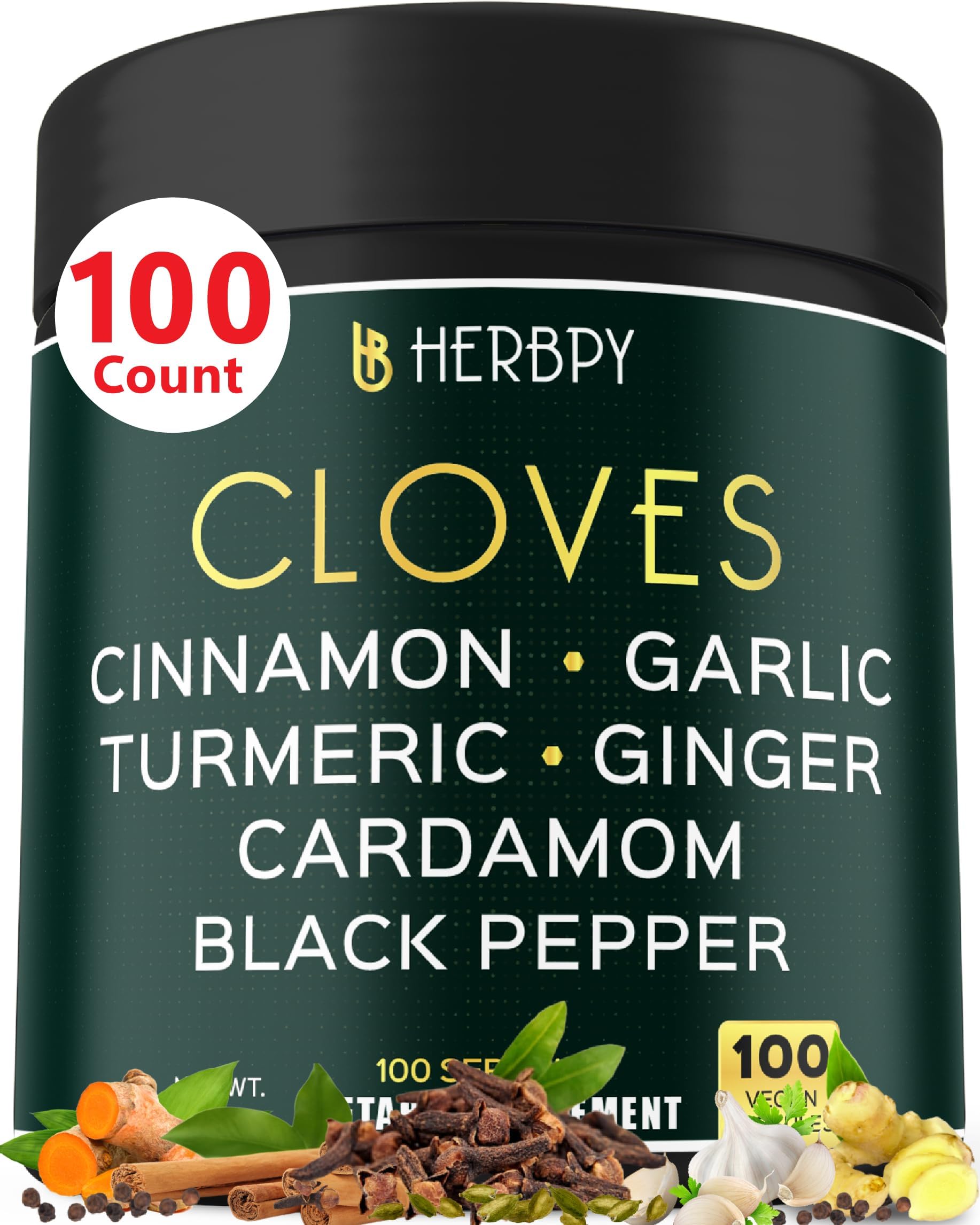 Herbpy 7in1 Clove Supplement Rich in Vitamins & Minerals Supports Digestion, Immune & Heart Health with Cinnamon, Turmeric, Ginger, Cardamom, Garlic & Black Pepper - 100 Vegan Capsules