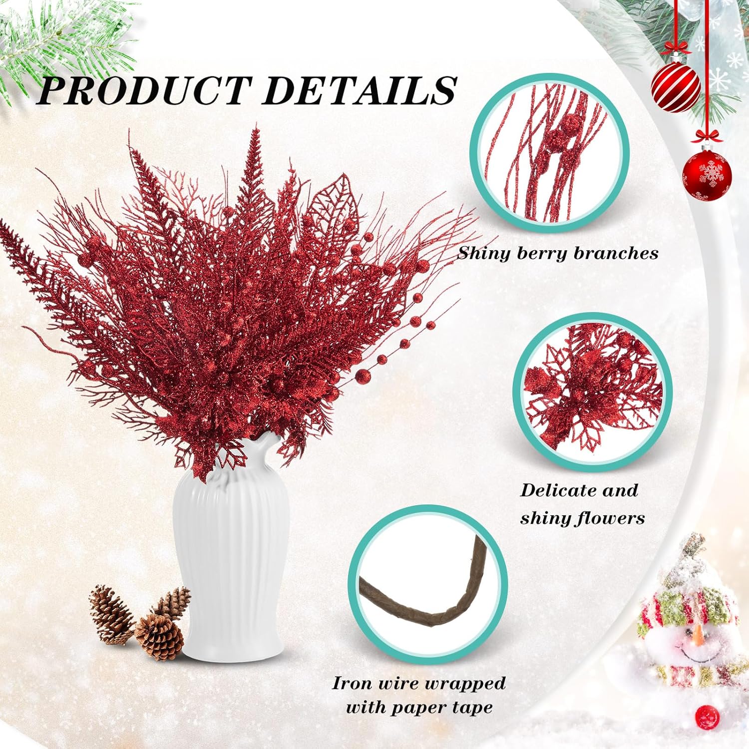 Moucuny 30 Pcs Artificial Valentines Picks and Sprays Glitter Berry Stem Branches Holly Floral Picks Twigs Christmas Tree Ornaments for DIY Valentines Wreath Vase Filler Decorations(Red)