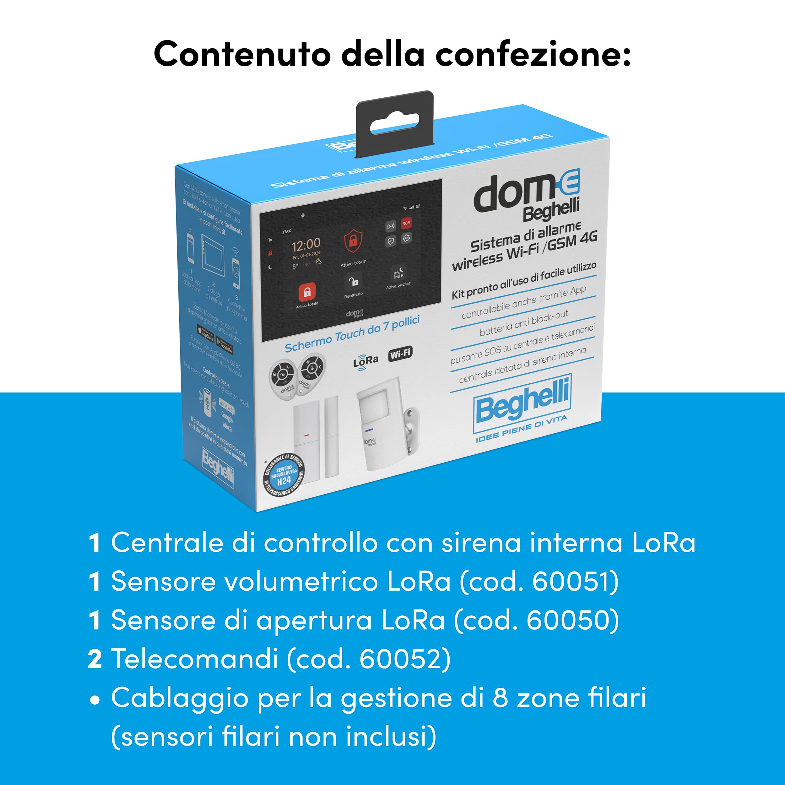 Beghelli - Kit Allarme Dom-e, Sistema Antintrusione Wireless WIFI/GSM 4G LoRa, Senza Fili, Compatibile con Alexa e Google Home, Installazione Senza Cablaggio, Pulsante SOS