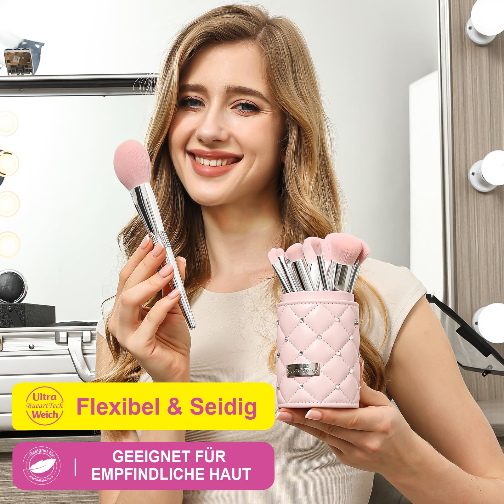Bueart Design Elegante juego de brochas de maquillaje ultra suaves con soporte para brochas de maquillaje con base de polvo, rubor y contorno (15 unidades, rosa plateado + soporte)