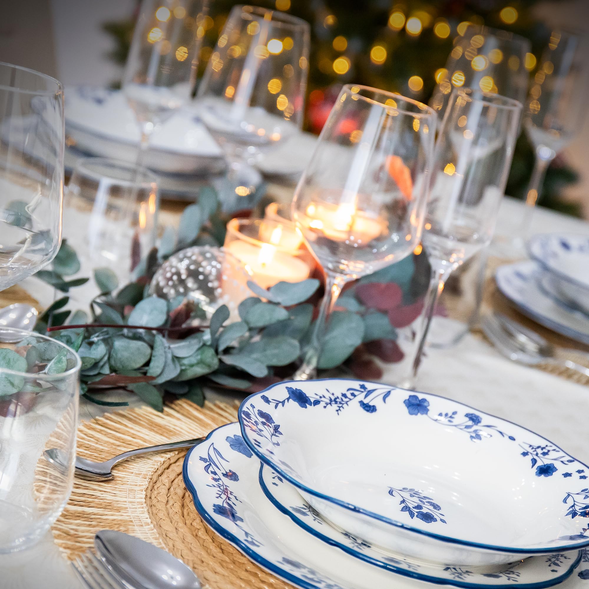 Cofan Servizio da tavola in porcellana smaltata | Set da 18 pezzi | motivo floreale blu e bianco | Lavabile in lavastoviglie, forno a microonde e forno