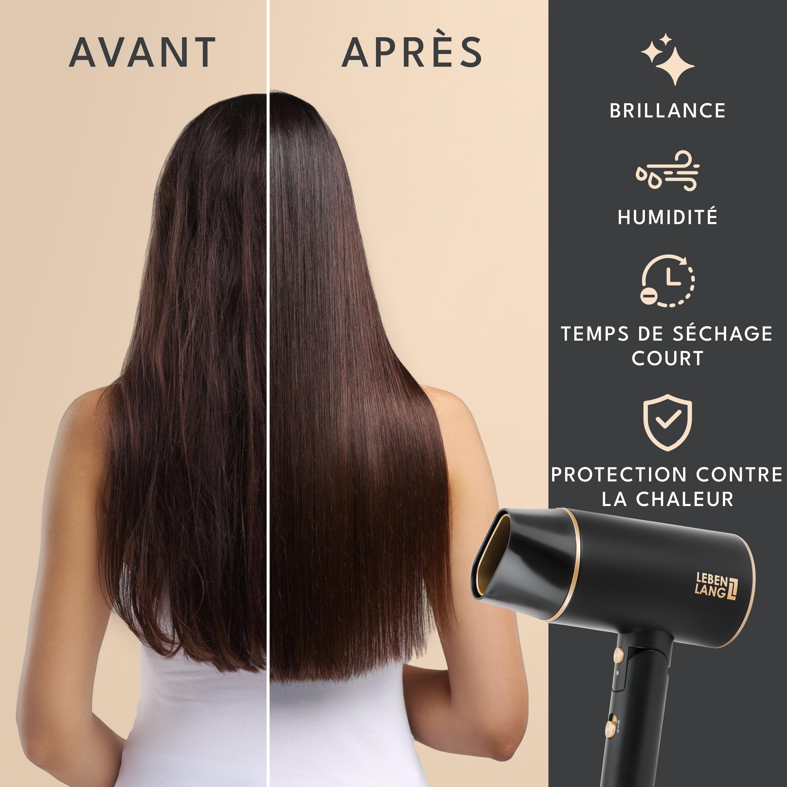 LEBENLANG Petit Sèche-cheveux Ion 2100W - Anti-Spliss avec le mode Air Froid, pliable - Accessoires de Voyage (Noir)