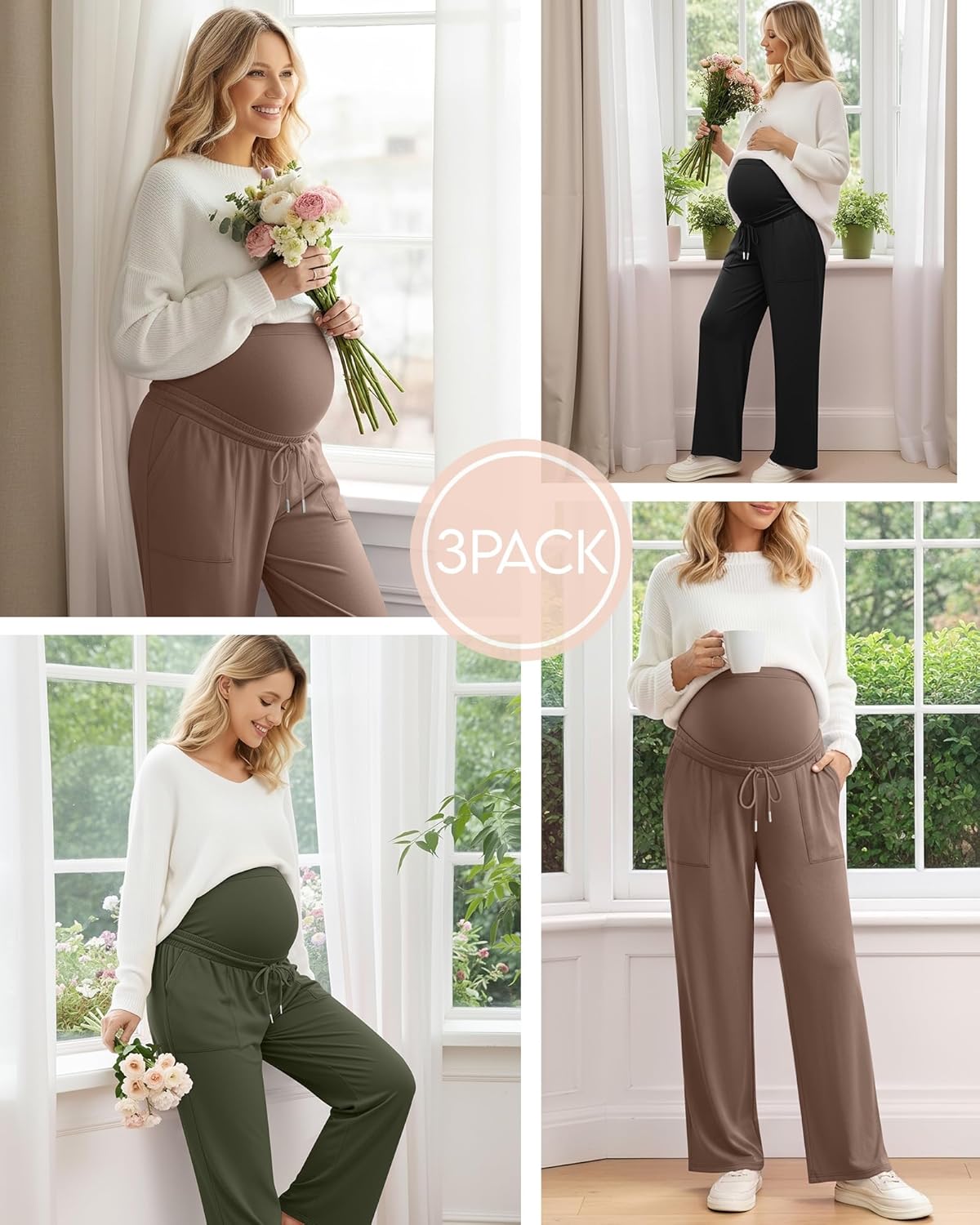 3 Pack Women's Maternity Pants Wide Leg Lounge Over The Belly Loose Drawstring Casual Pregnancy Pants with Pockets - Image 3