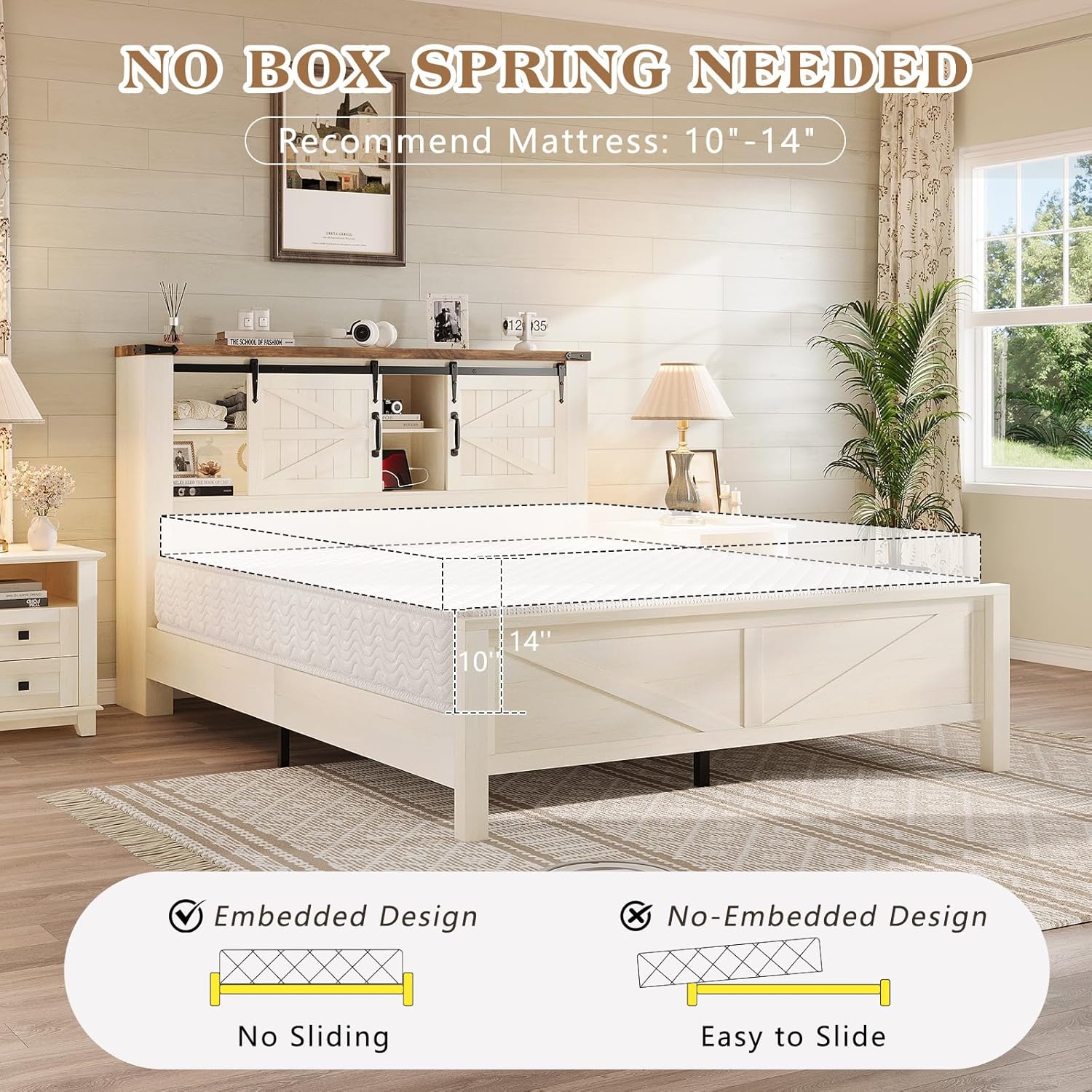 LUXOAK King Size Farmhouse Platform Bed, Storage Bookcase Headboard with Sliding Barn Doors, Built-in Charging Station & Adjustable Shelves, Sturdy Frame, No Box Spring Required, Antique White