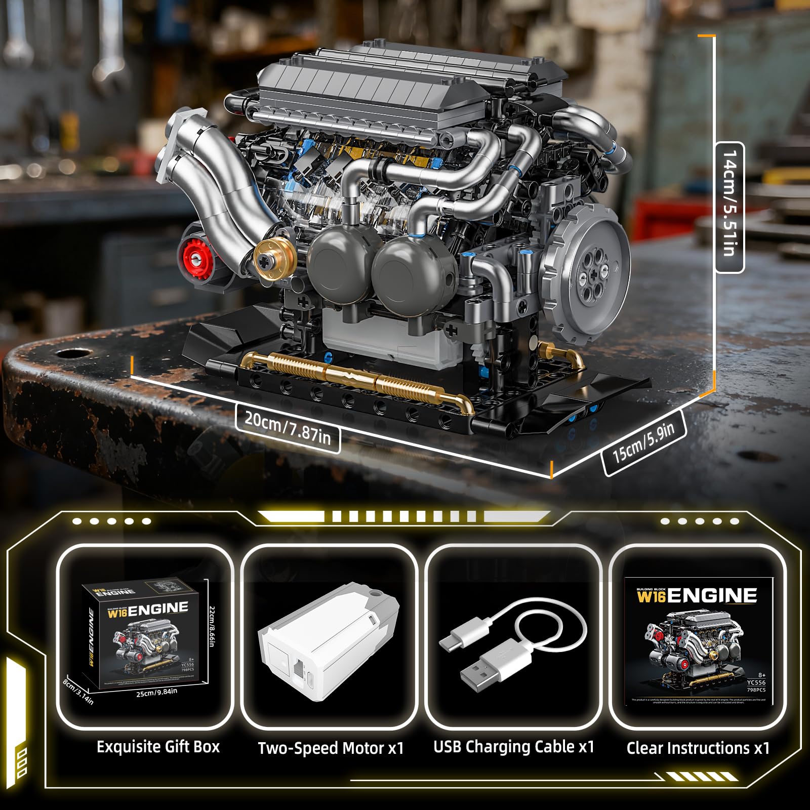 W16 Engine Building Blocks Set for Adults, STEM Mini 16-Cylinder Engine Model Kit That Runs, Compatible with Lego Car, DIY Physical Science Experiment Toy for Teens Kids Boys (801 PCS)