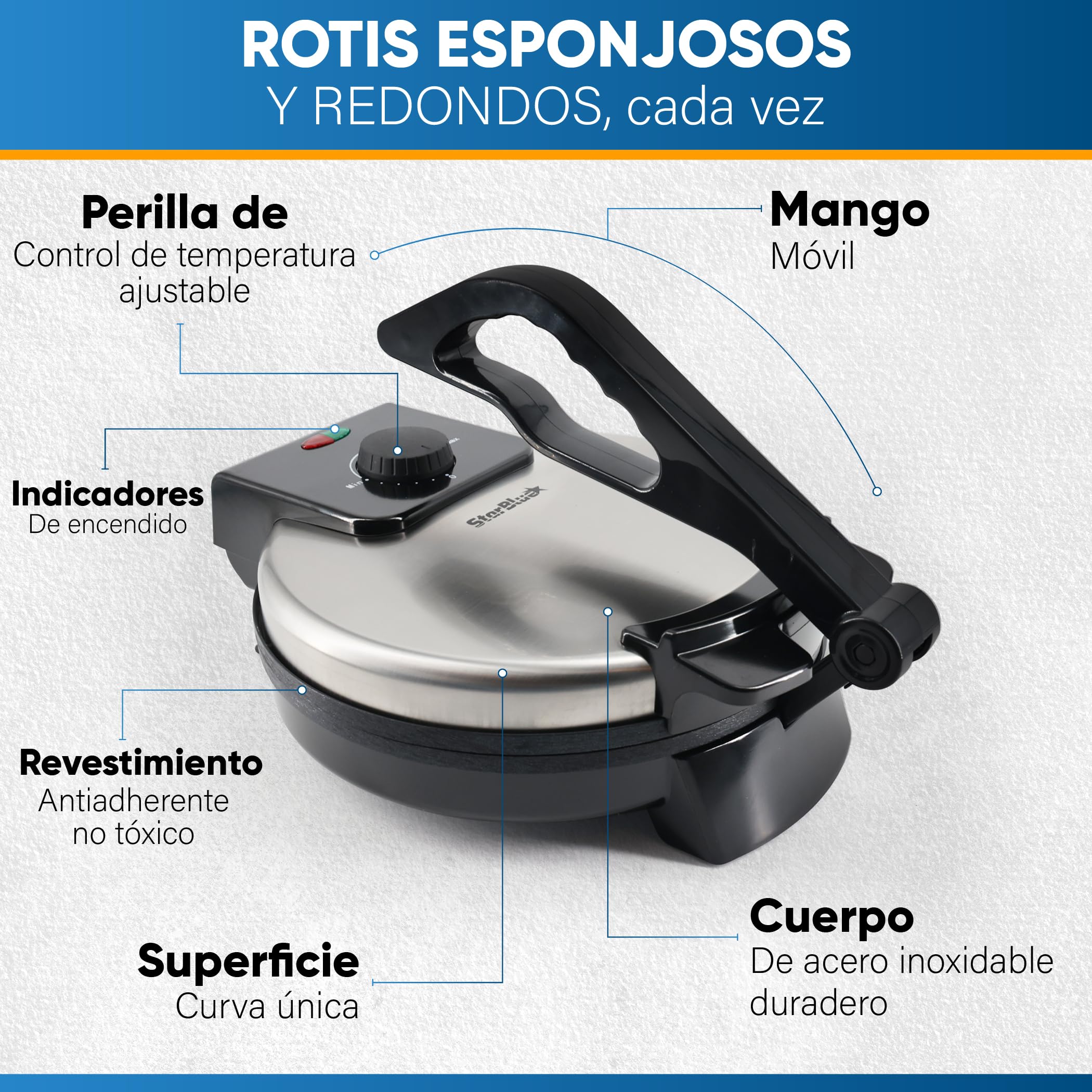 StarBlue Roti-Maker de 25,4 cm con calentador Roti gratuito y mango extraíble – Indian Chapati Tortilla, Roti AC220-240V 50/60Hz 1200W, enchufe europeo