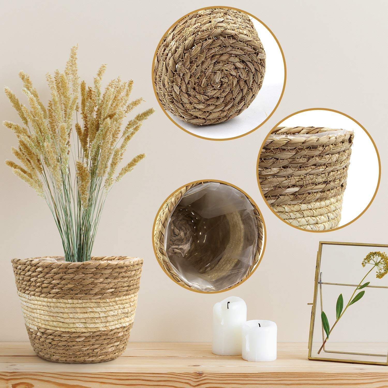 Panier en jonc de mer Paniers à Plantes Panier à Fleurs Pot à Fleurs Panier à Plantes Pots à Plantes Pots à Plantes Panier de Rangement 18cm Lot de 2 pour l'intérieur et l'extérieur
