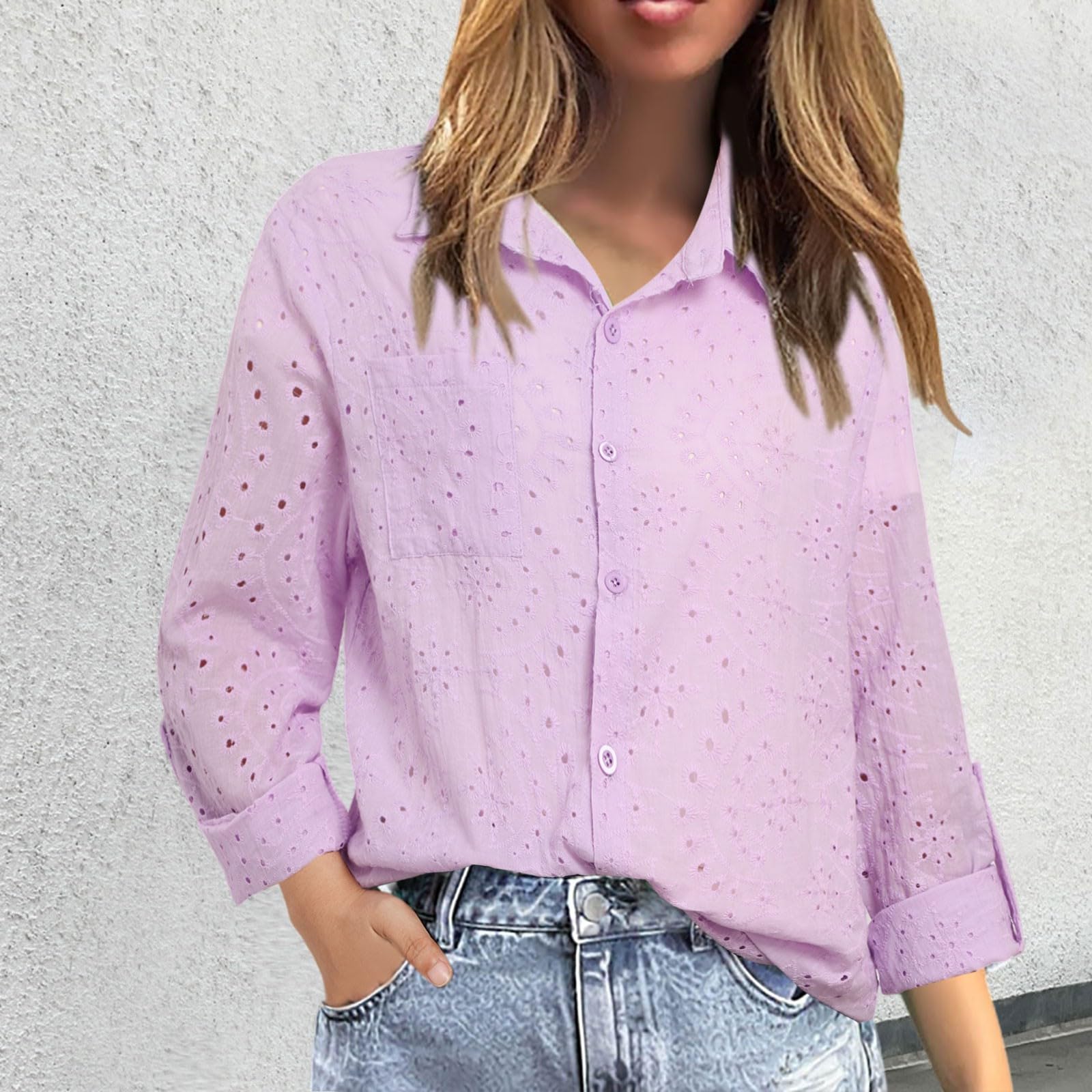 Camisa de lino de gran tamaño con botones para mujer, a la moda, manga larga, cuello, ligera, de lino, algodón, para verano, unicolor, casual, trajes de muselina, ajuste holgado, bordada
