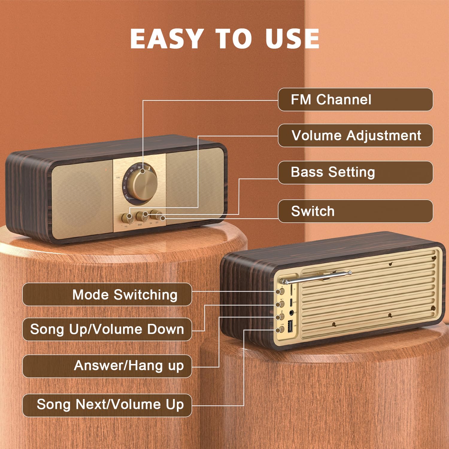 Radio Nostalgia, Radios Retro z Bluetooth i kartą TF, Zasilane Baterią 3000 mAH, z głośnikami Niskotonowymi 2 x 8 W, Radios Retro z AUX/USB, Radio do Kuchni/Sypialni/Biura