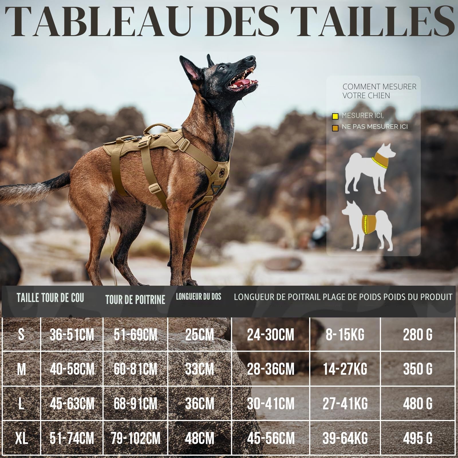 OneTigris Harnais pour chien, Harnais tactique T-Bone avec 2 poignées - Anti-évasion - Réglable - Harnais de poitrine pour chiens pour la chasse, la randonnée, l'entraînement, la promenade, les