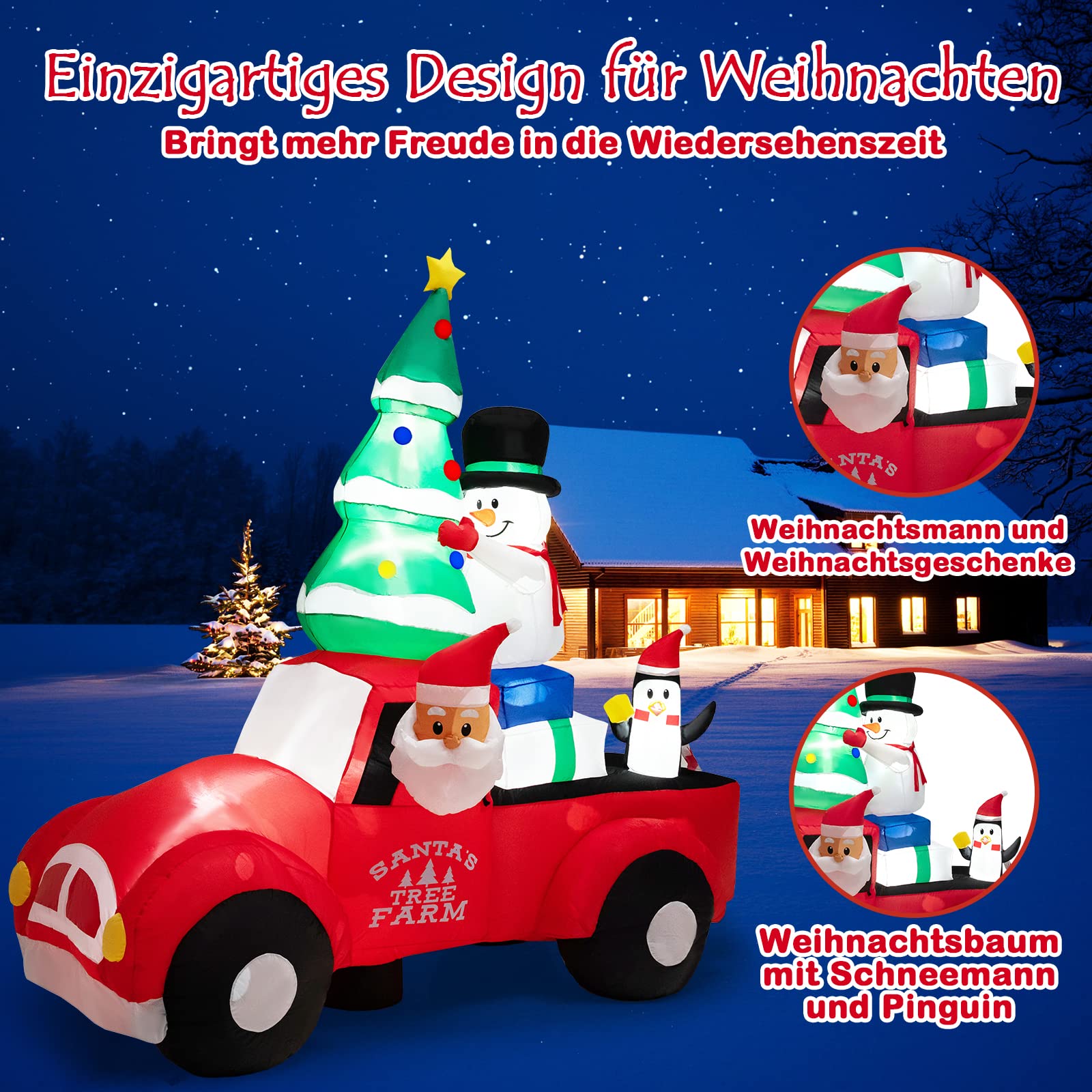 GYMAX 240 cm hohe Aufblasbare Weihnachtsdeko mit 7 LED-Leuchten, Selbstaufblasender Weihnachtsmann in einem Auto mit Weihnachtsbaum, Schneemann, Geschenken & Pinguinen