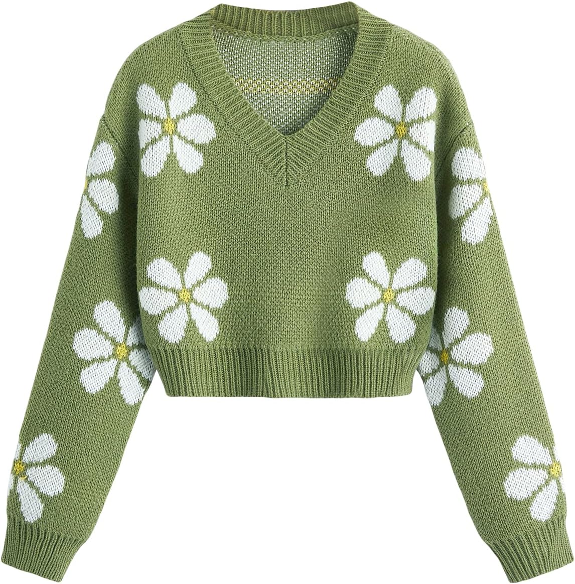 SHENHE Girl's Floral Print V Neck Long Sleeve Knitted Cropped Sweater Jumper Tops