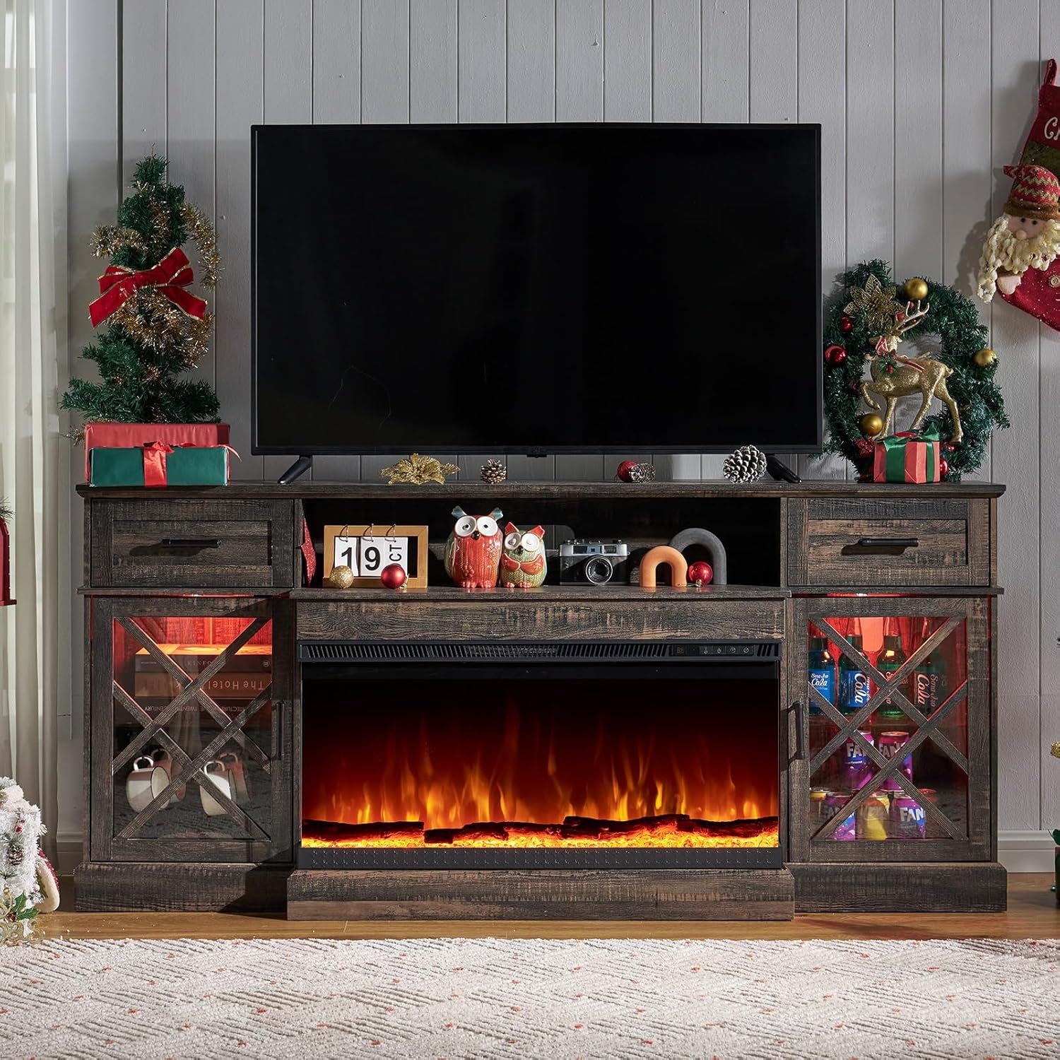 YUMPIE 3-Sided Fireplace 70 inch TV Stand for TVs up to 80'', 12 Color Entertainment Center Console Table with LED Glass Door Storage Cabinet with 36" Fireplace, Deep Brown