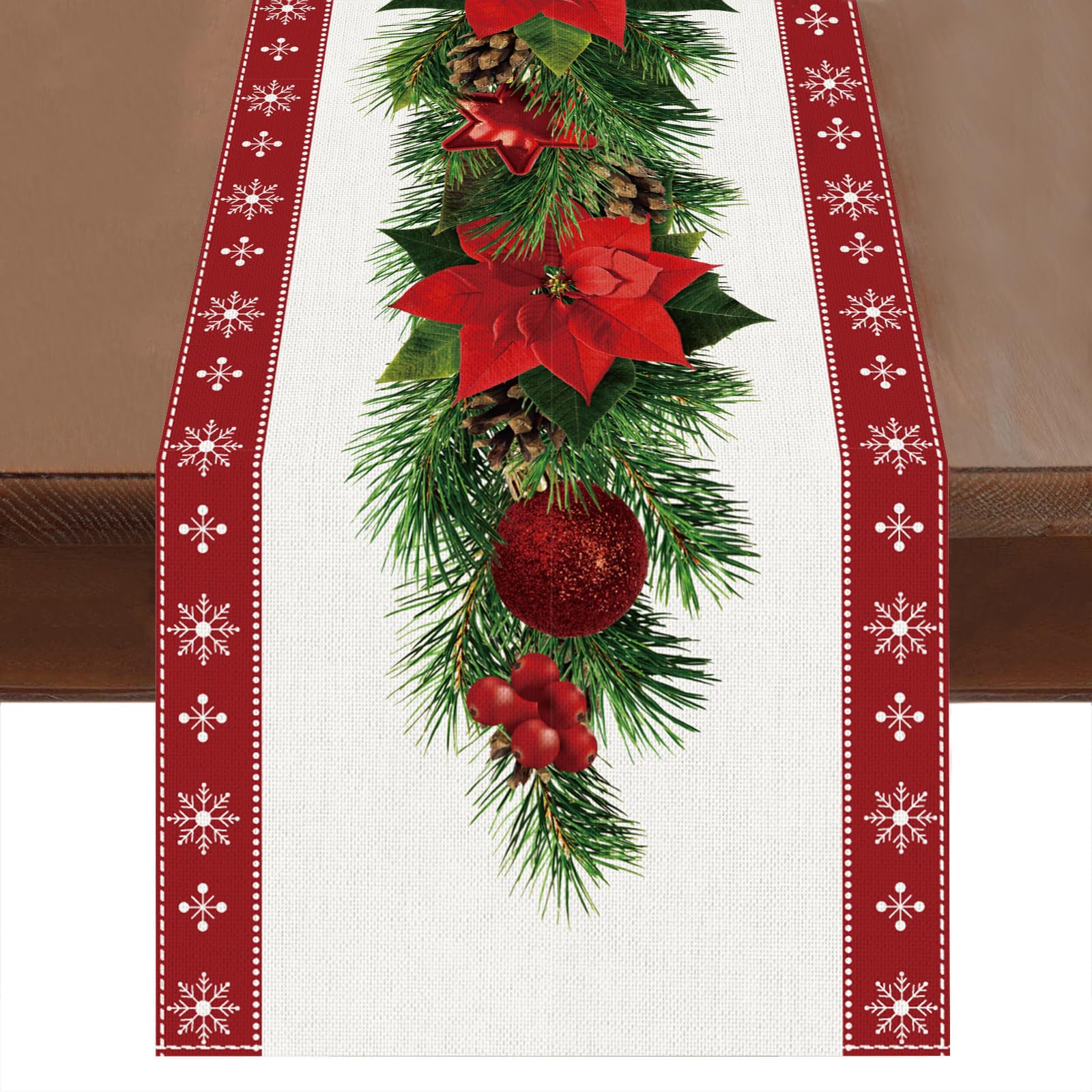 TELAIN Camino de mesa de Navidad con acuarela y flor de Navidad roja, diseño de copos de nieve, decoración festiva de invierno para el hogar, cocina, 35 x 35 cm