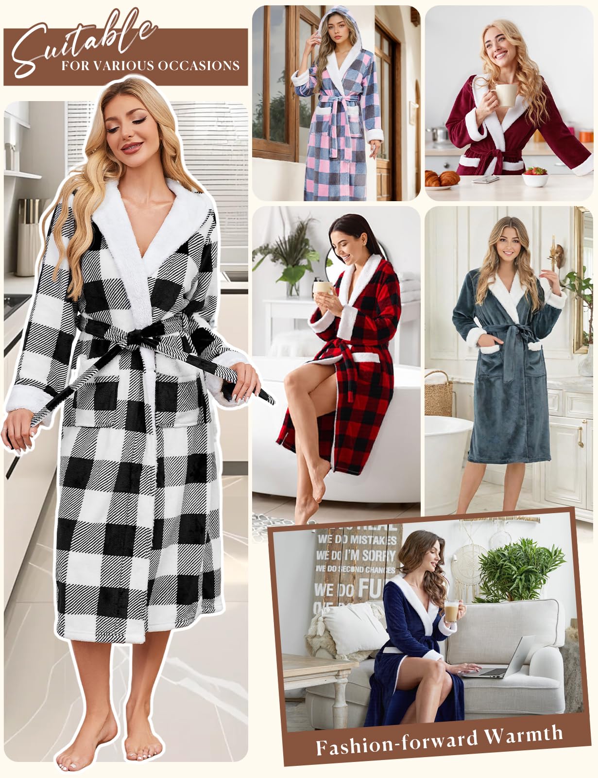 Yuson Girl Damski flanelowy szlafrok długi pluszowy szlafrok polarowy z kapturem ciepły zimowy szlafrok dla kobiet miękki puszysty odzież domowa tartan kratka wzór spa bielizna nocna